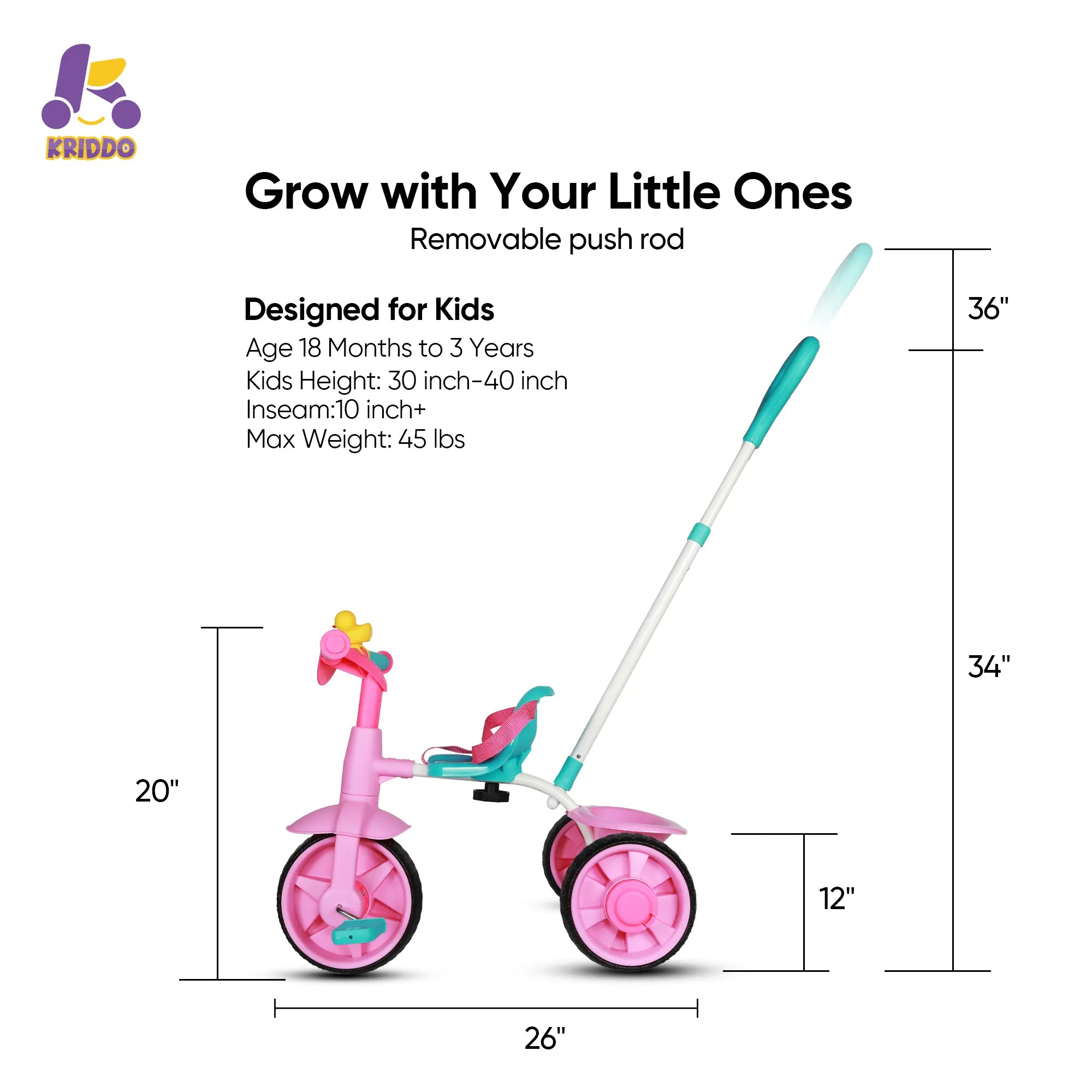 KRIDDO 2-in-1 Kids Push Trike for 18 months to 3 Years Old Pink