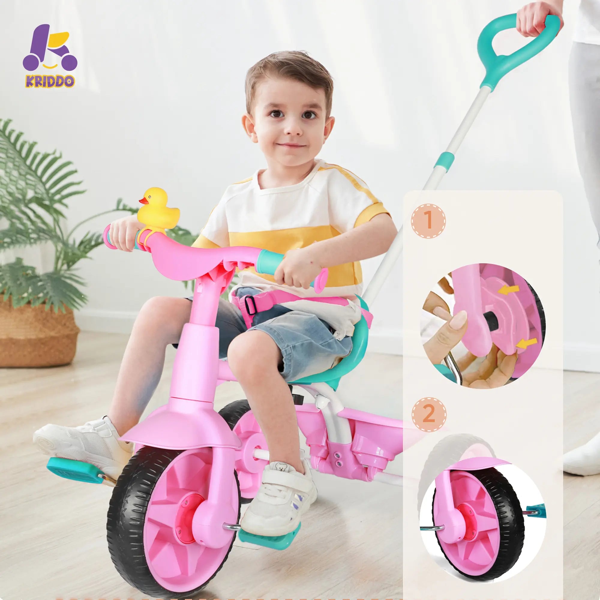 KRIDDO 2-in-1 Kids Push Trike for 18 months to 3 Years Old Pink