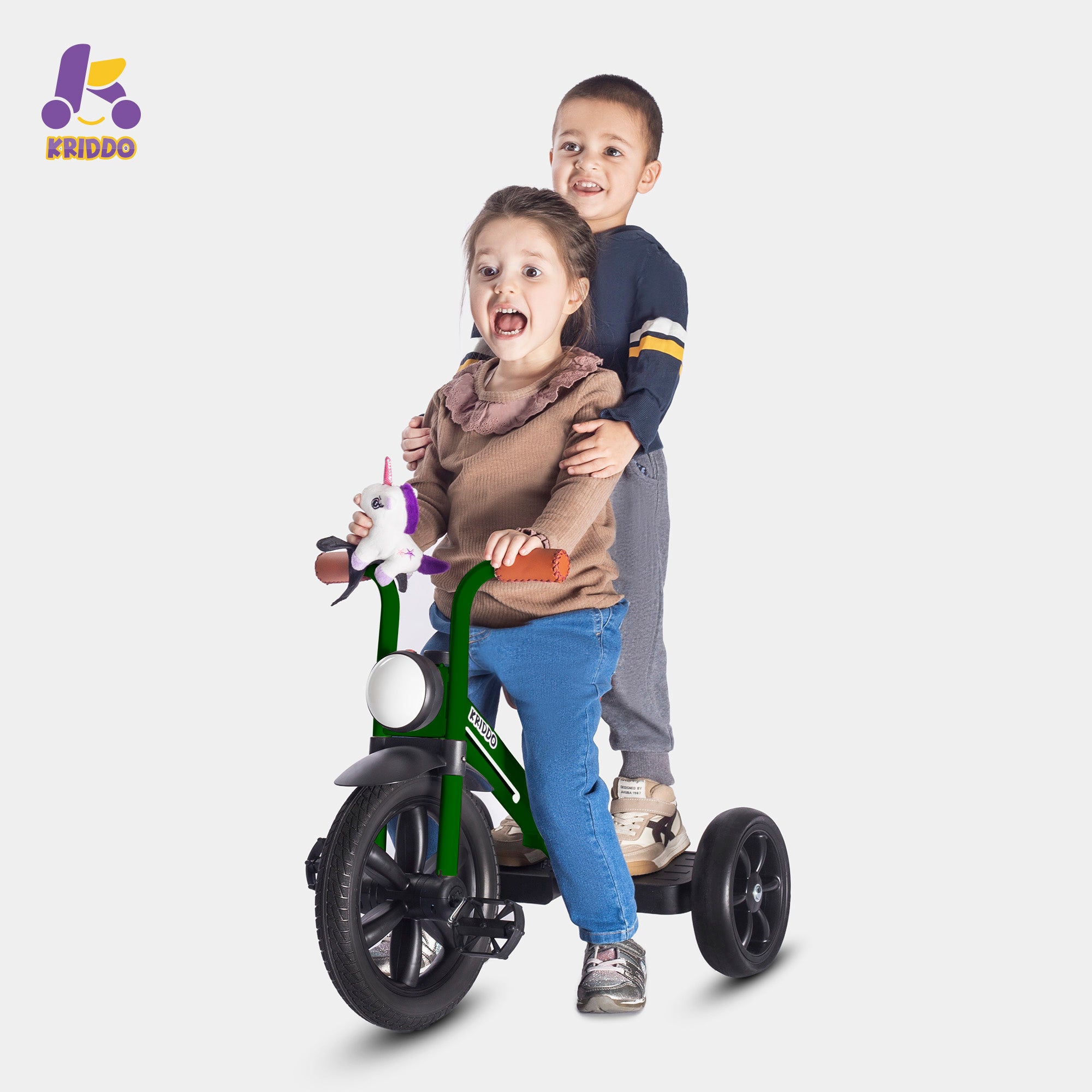 Two children on KRIDDO green big wheel tricycle with a white background.
