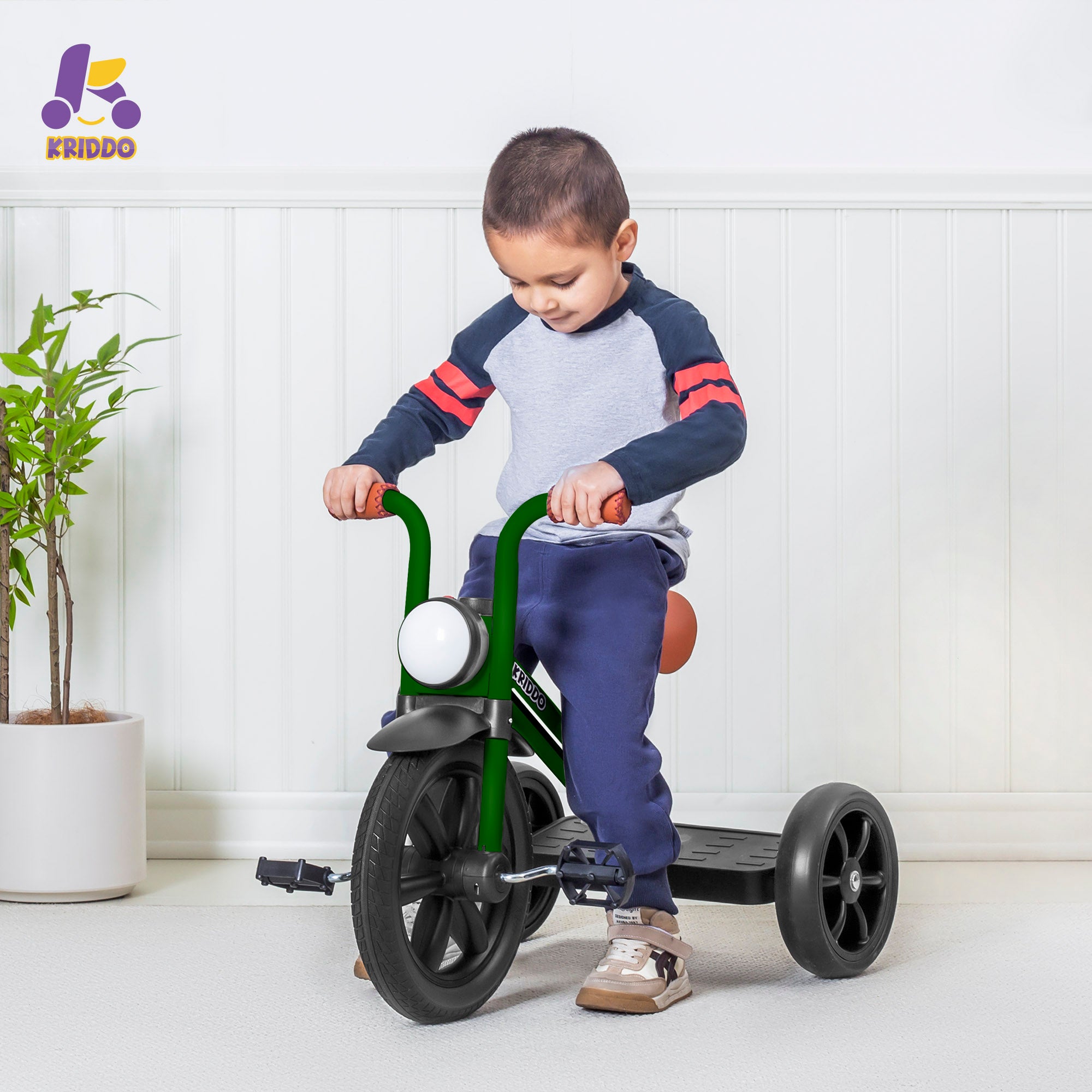 KRIDDO Buzz Rider Kids Tricycle with Headlight and Pedals for 2 to 5 Years Old Green