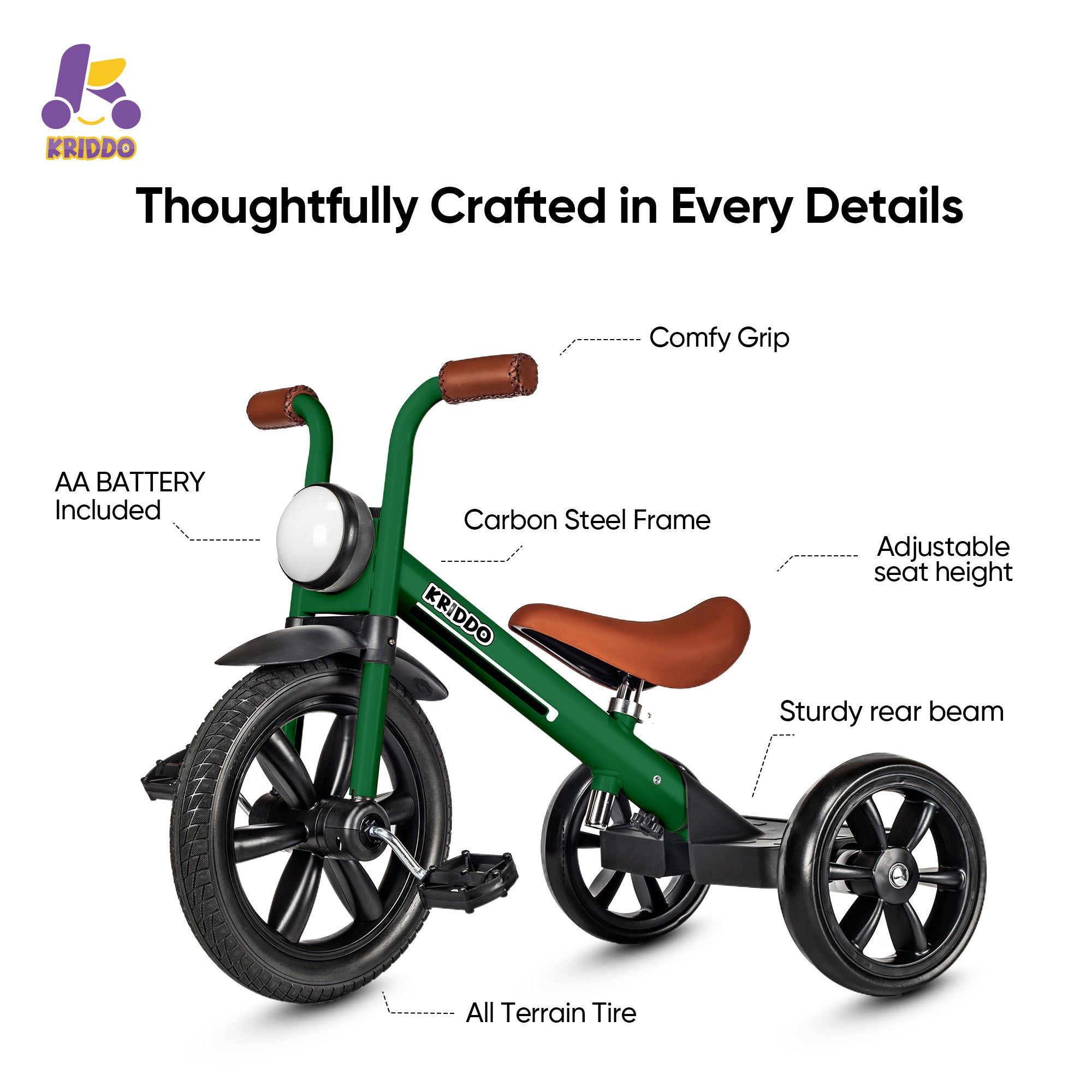 KRIDDO Kids Tricycle with Headlight and Pedals for 2 to 5 Years Old Green