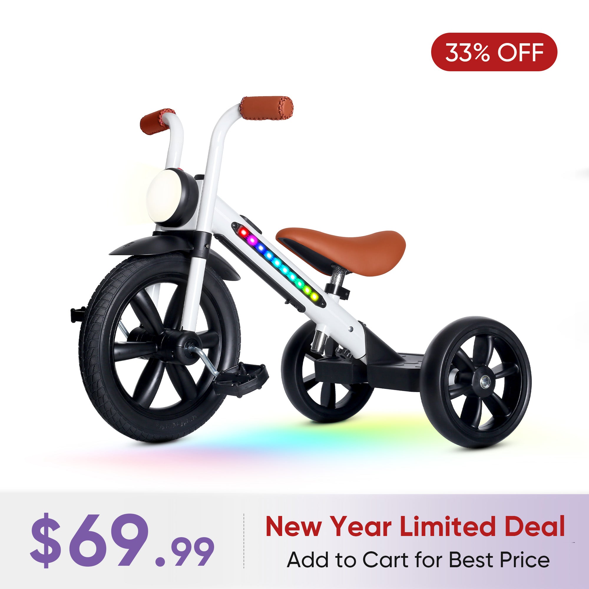 KRIDDO Kids Motorbike Style Light Up Tricycle with Front Light for 2 to 5 Years Old White