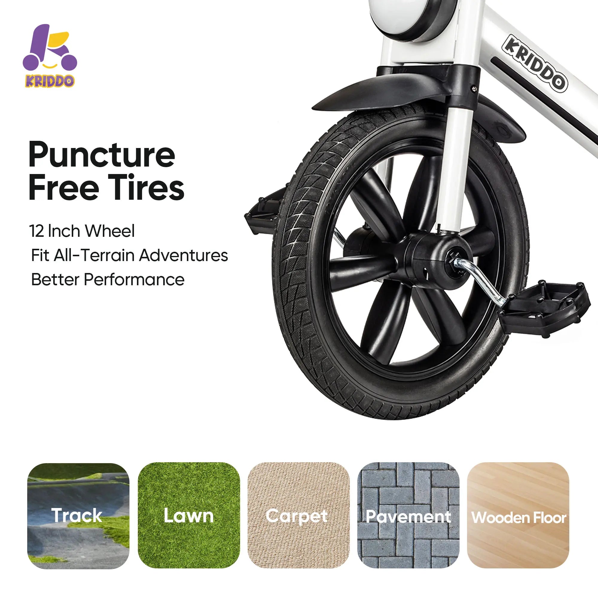 KRIDDO white tricycle with big puncture-free tires