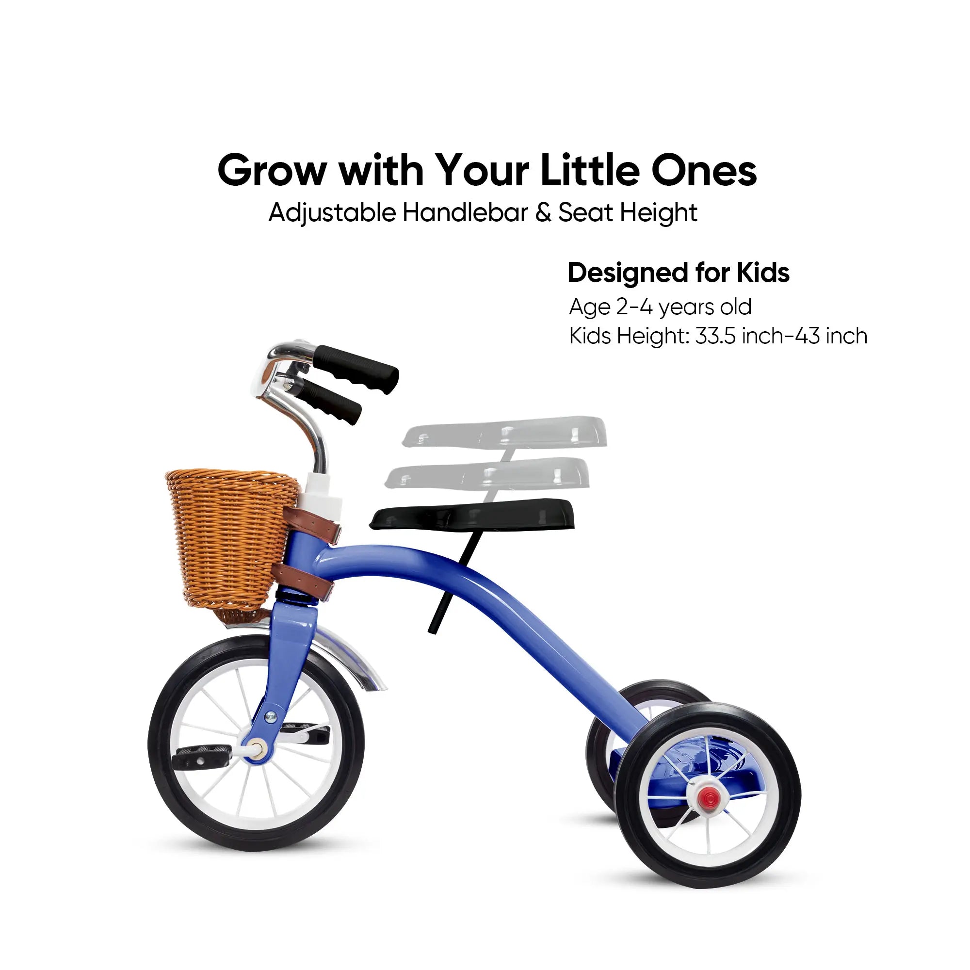 KRIDDO Blue Metal Classic Tricycle with Adjustable Handlebar and Seat