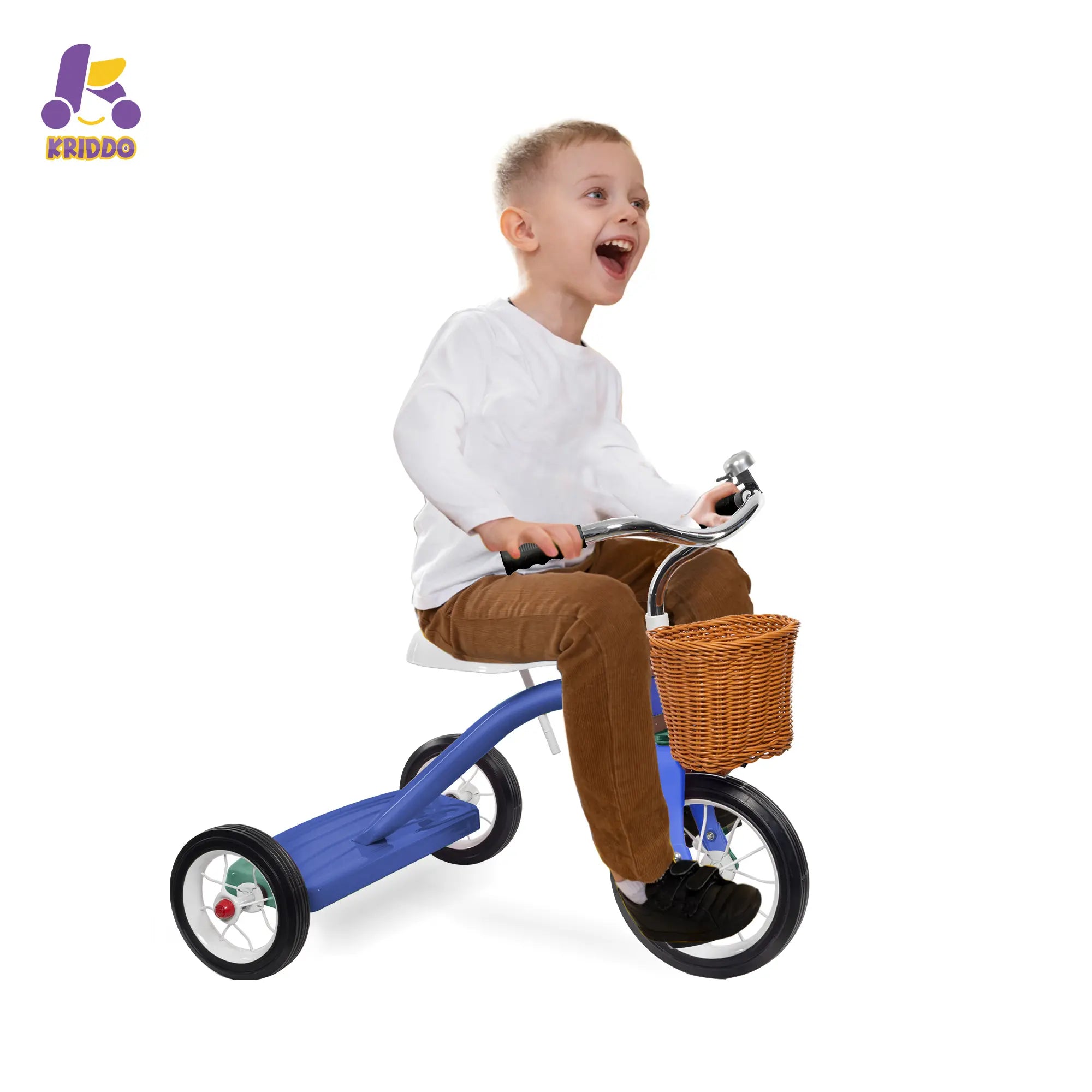 Toddler boy riding KRIDDO blue metal tricycle with smile
