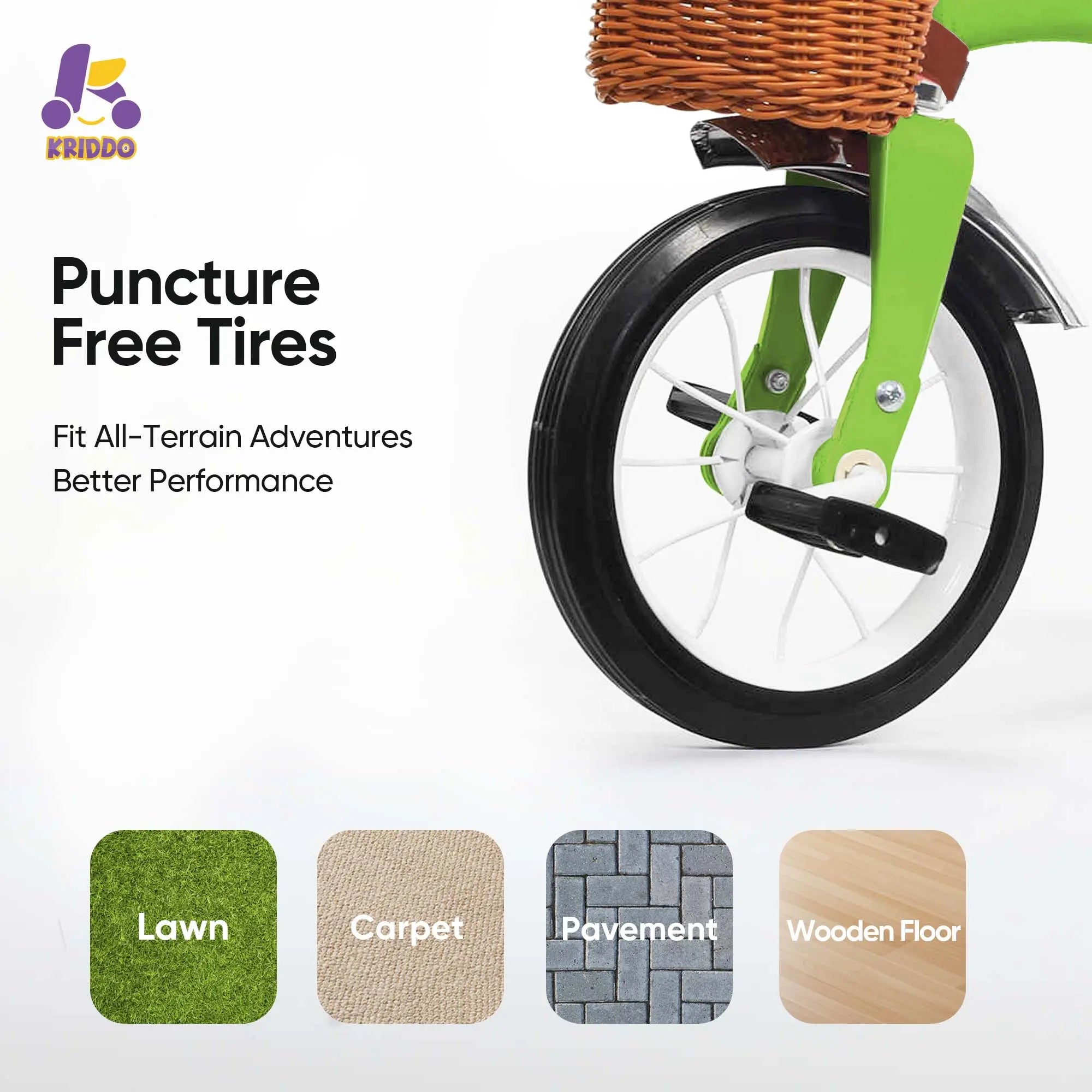 KRIDDO Metal Classic Tricycle with Removable basket for 2 to 4 Years Old Green