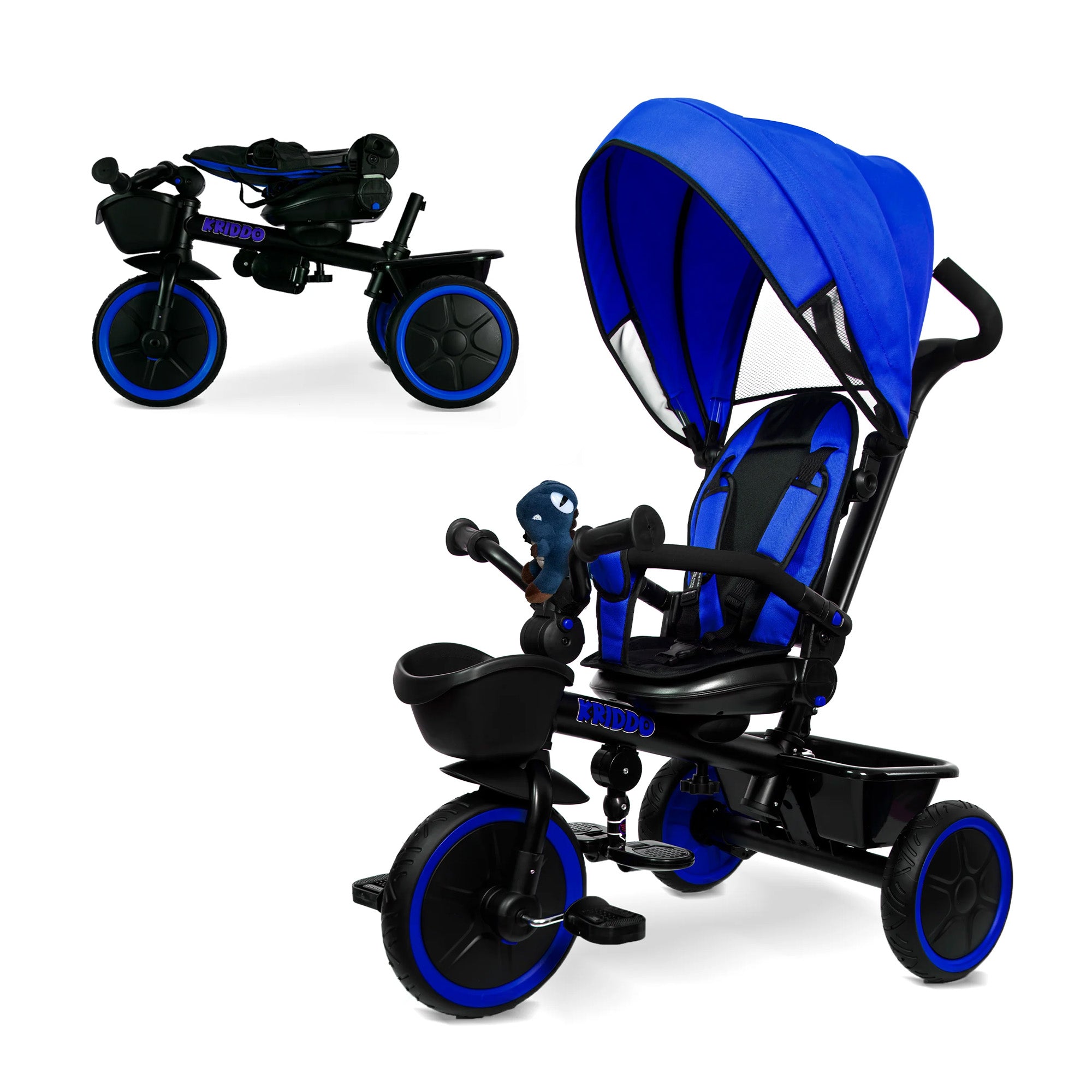 KRIDDO 7-in-1 Kids Tricycle Stroller with Push Handle for 18 Months to 5 Years Old Blue