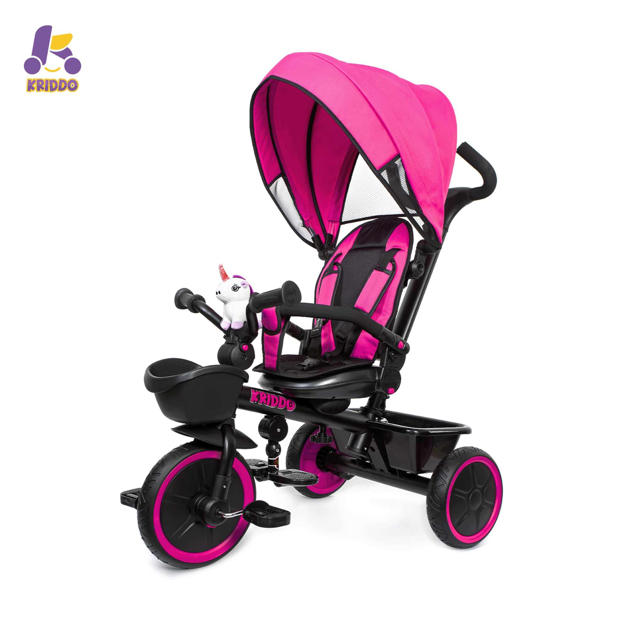 KRIDDO 7-in-1 Kids Tricycle Stroller with Push Handle for 18 Months to 5 Years Old Pink