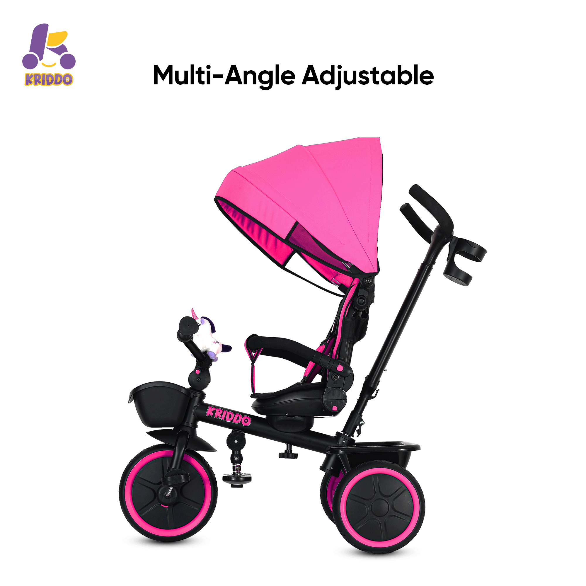 KRIDDO 7-in-1 Kids Tricycle Stroller with Push Handle for 18 Months to 5 Years Old Pink