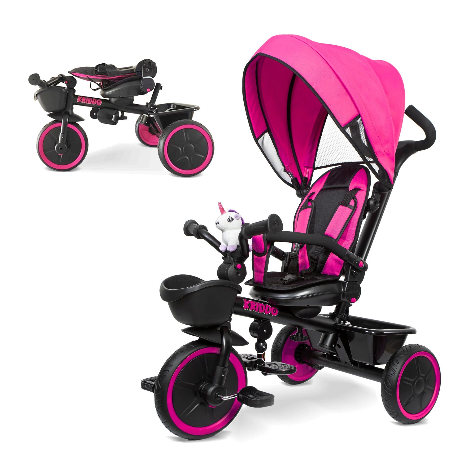 KRIDDO 7-in-1 Kids Tricycle Stroller with Push Handle for 18 Months to 5 Years Old Pink