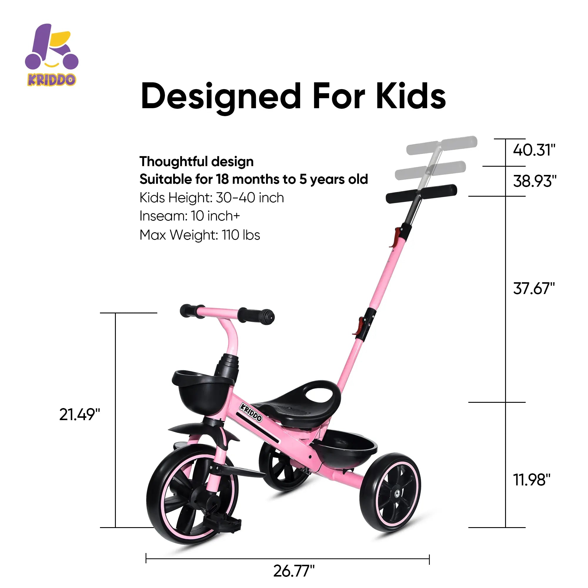 KRIDDO toddler 2 in 1 push trike with dimensions and specifications.