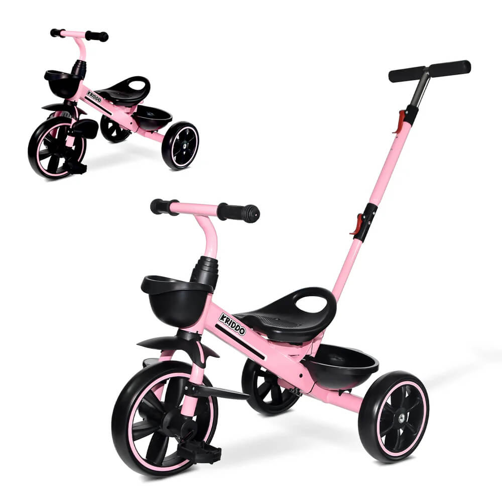 KRIDDO 2-in-1 Toddler Push Tricycle with Handle for 18 Months to 5 Years Old Pink Navi-Go Kids Tricycle