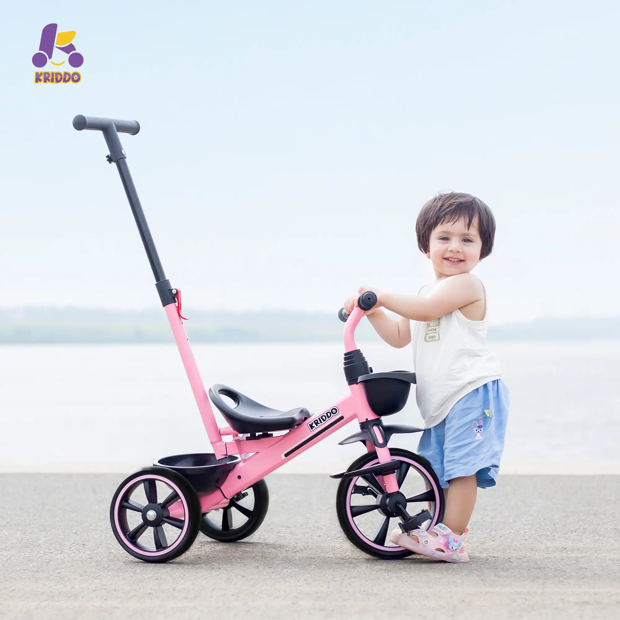Little girl with a pink push tricycle on a beach