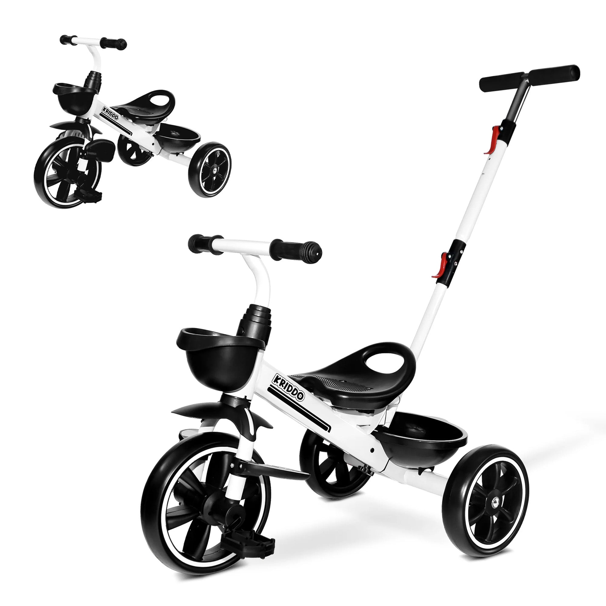 KRIDDO 2-in-1 Toddler Push Tricycle with Handle for 18 Months to 5 Years Old White