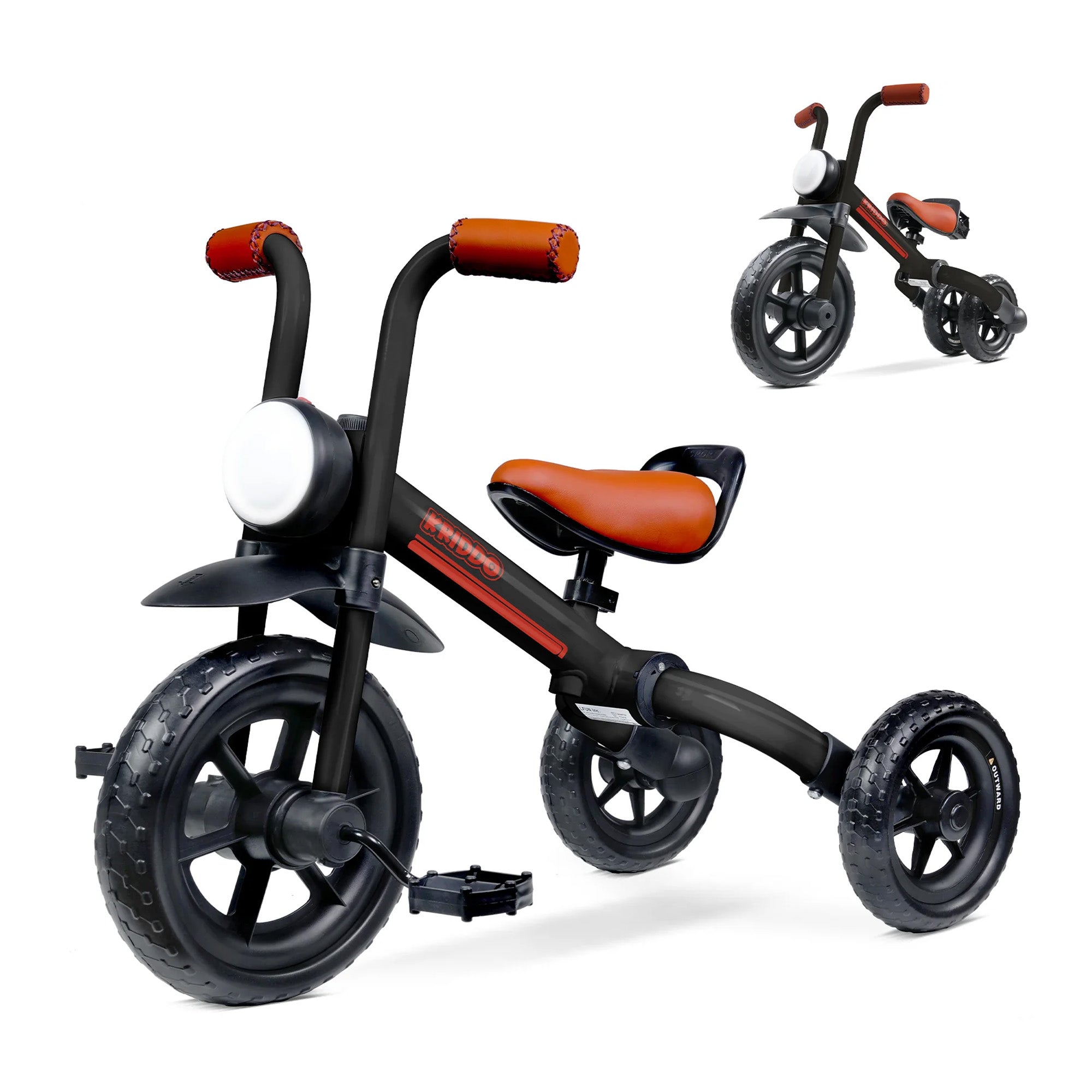 KRIDDO 2-in-1 Foldable Tricycle For Toddlers with Headlight For 2 to 5 Year Old Black