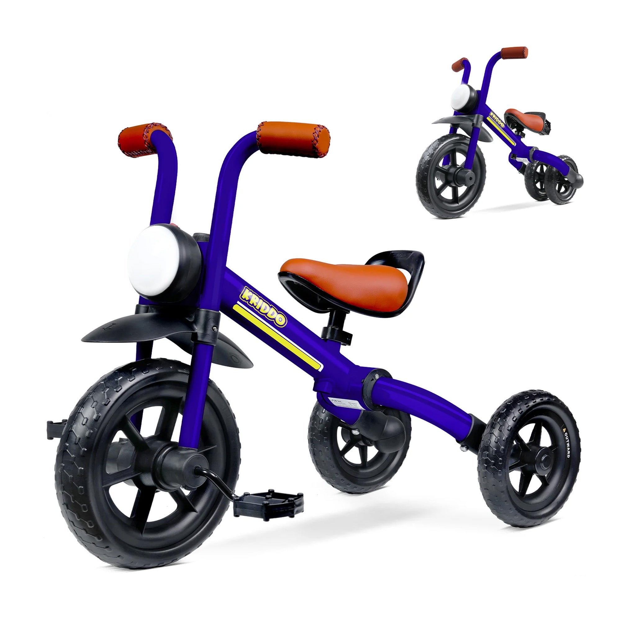 KRIDDO 2-in-1 Foldable Tricycle For Toddlers with Headlight For 2 to 5 Year Old Blue
