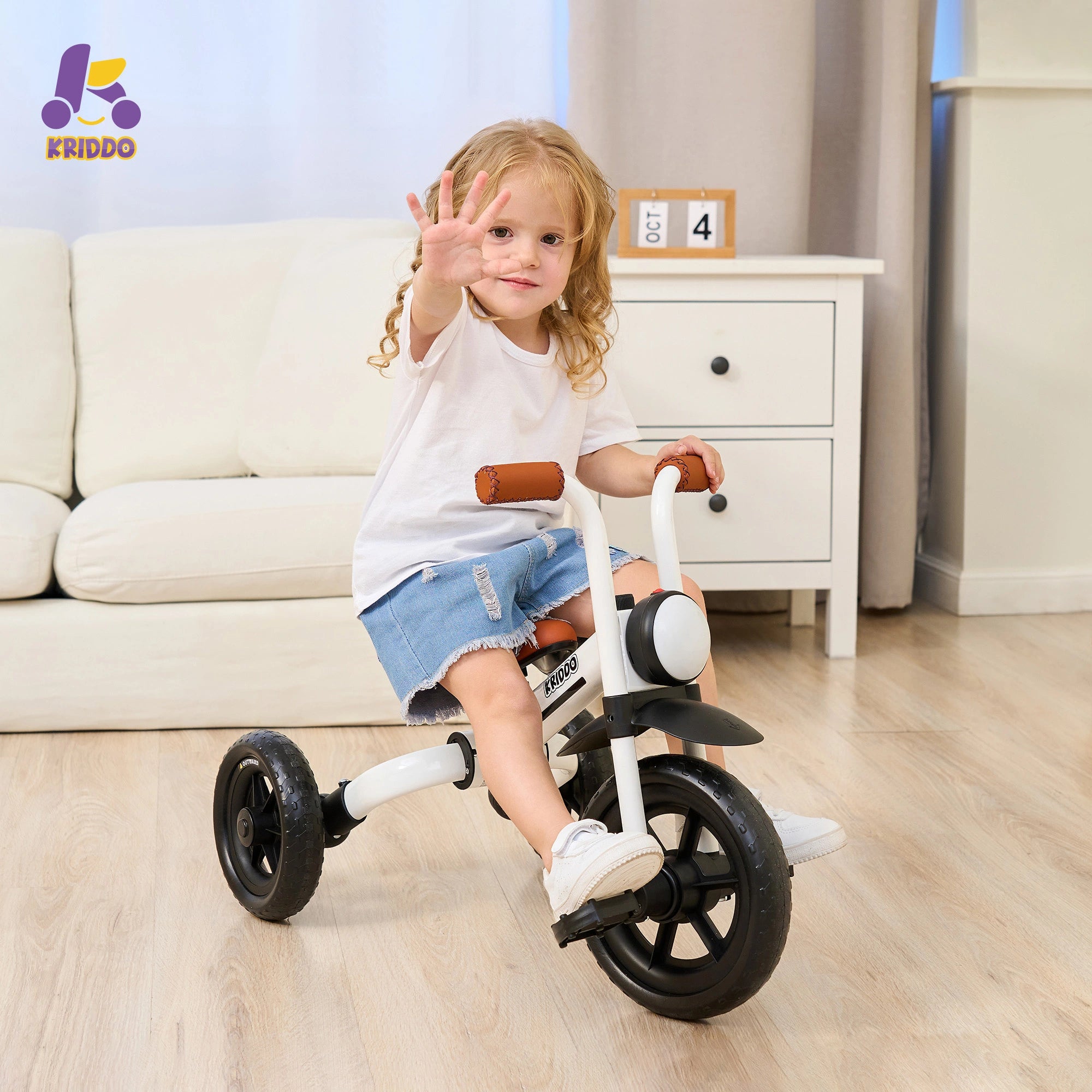 KRIDDO 2-in-1 Foldable Tricycle For Toddlers with Headlight For 2 to 5 Year Old White