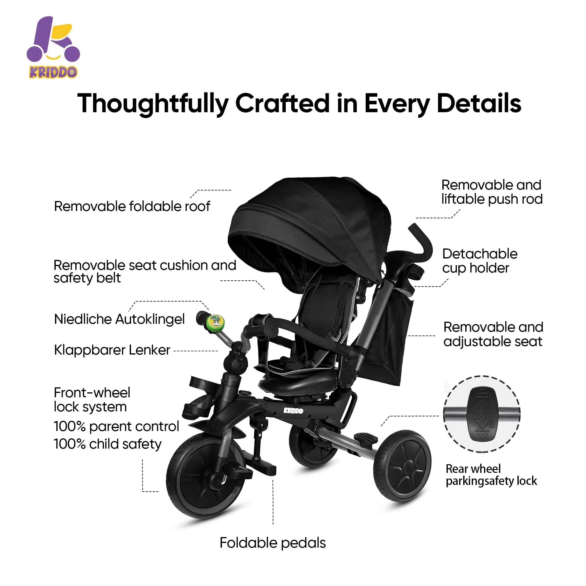KRIDDO 8 in 1 stroller tricycle with features