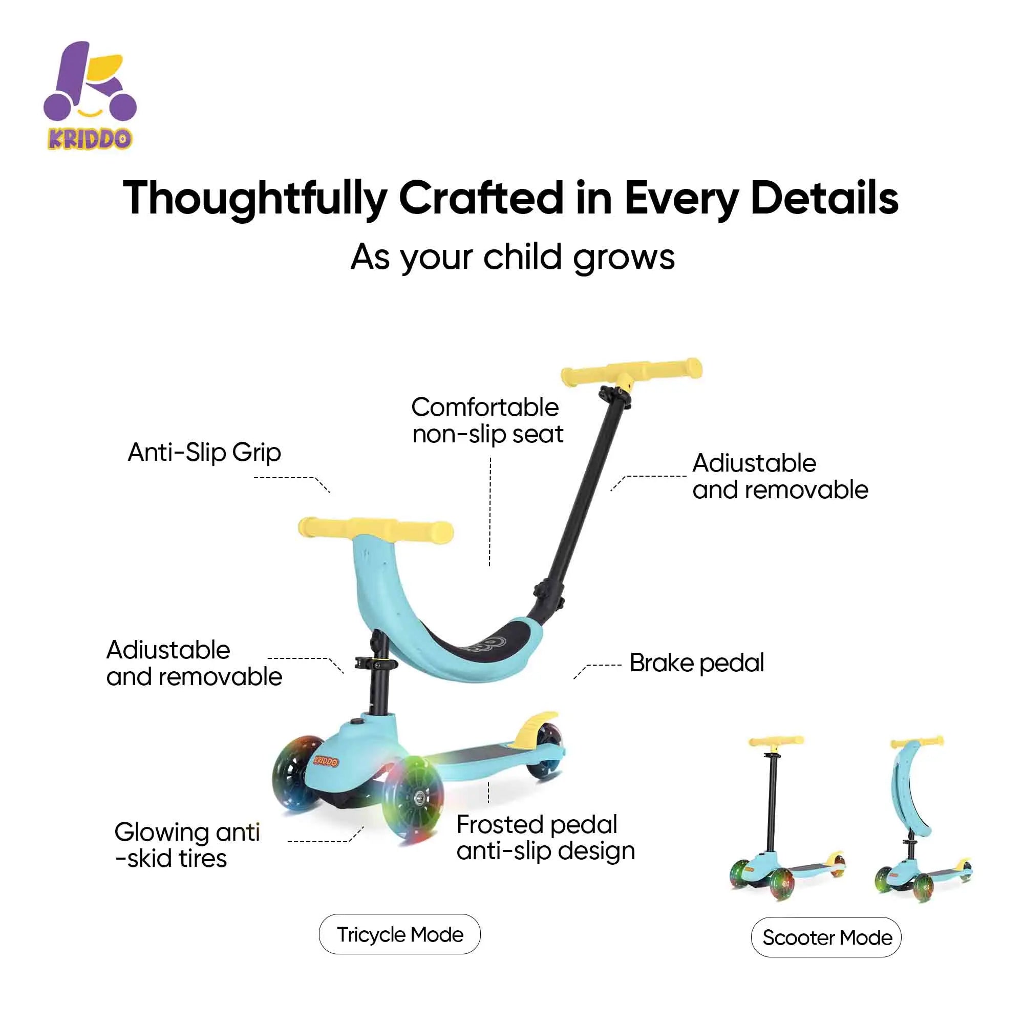 KRIDDO 5 in 1 scooter with features
