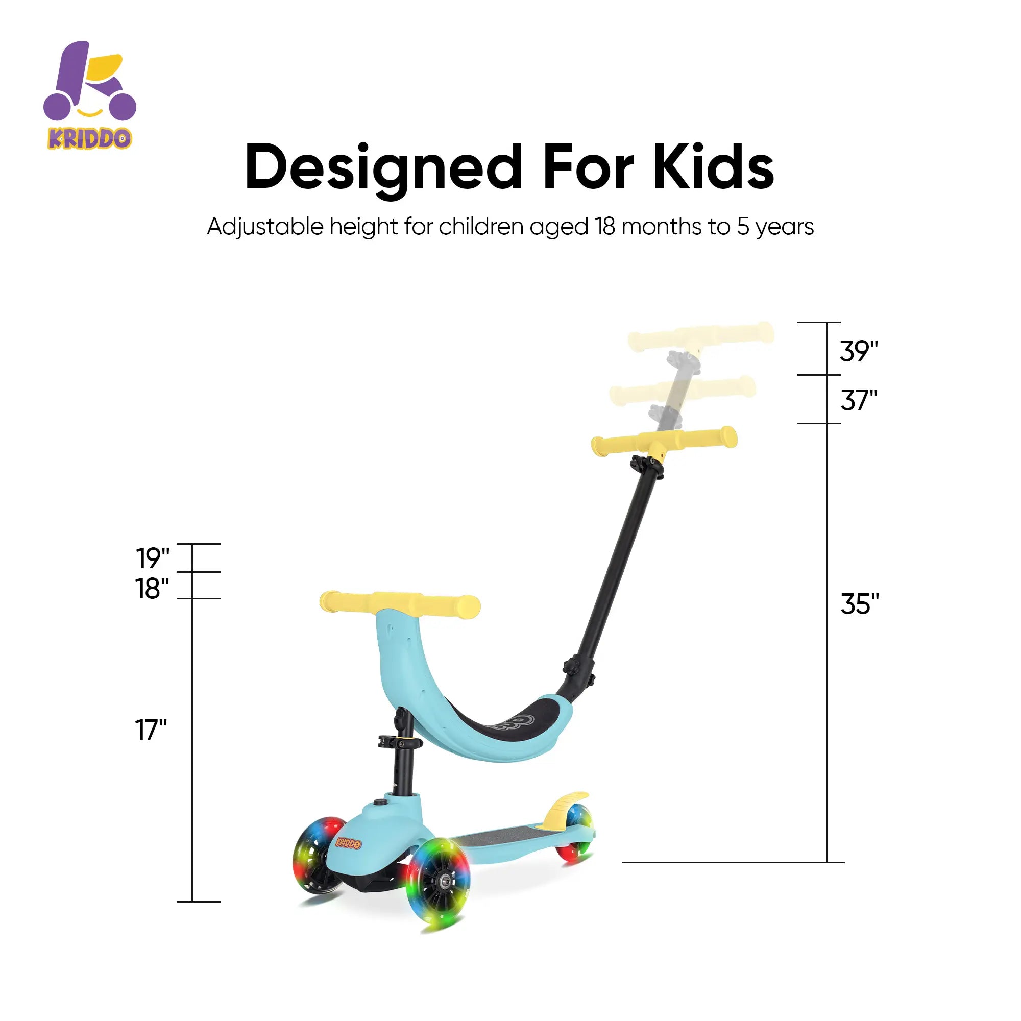 KRIDDO Kids Scooters with Removable Seat for 1.5 to 5 Years Old 5-in-1 Blue