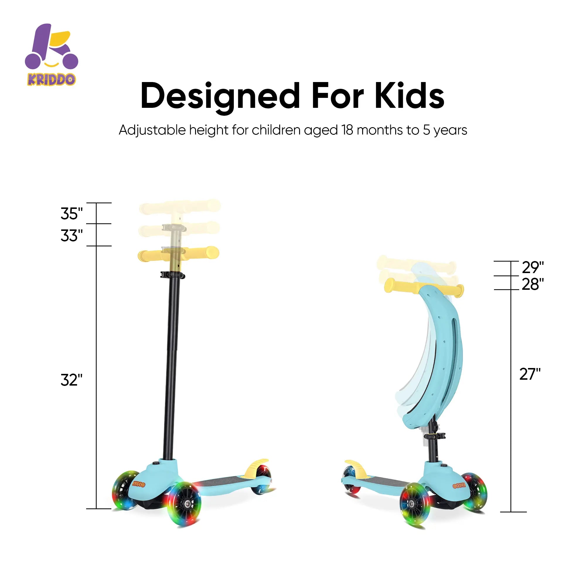 KRIDDO Kids Scooters with Removable Seat for 1.5 to 5 Years Old 5-in-1 Blue