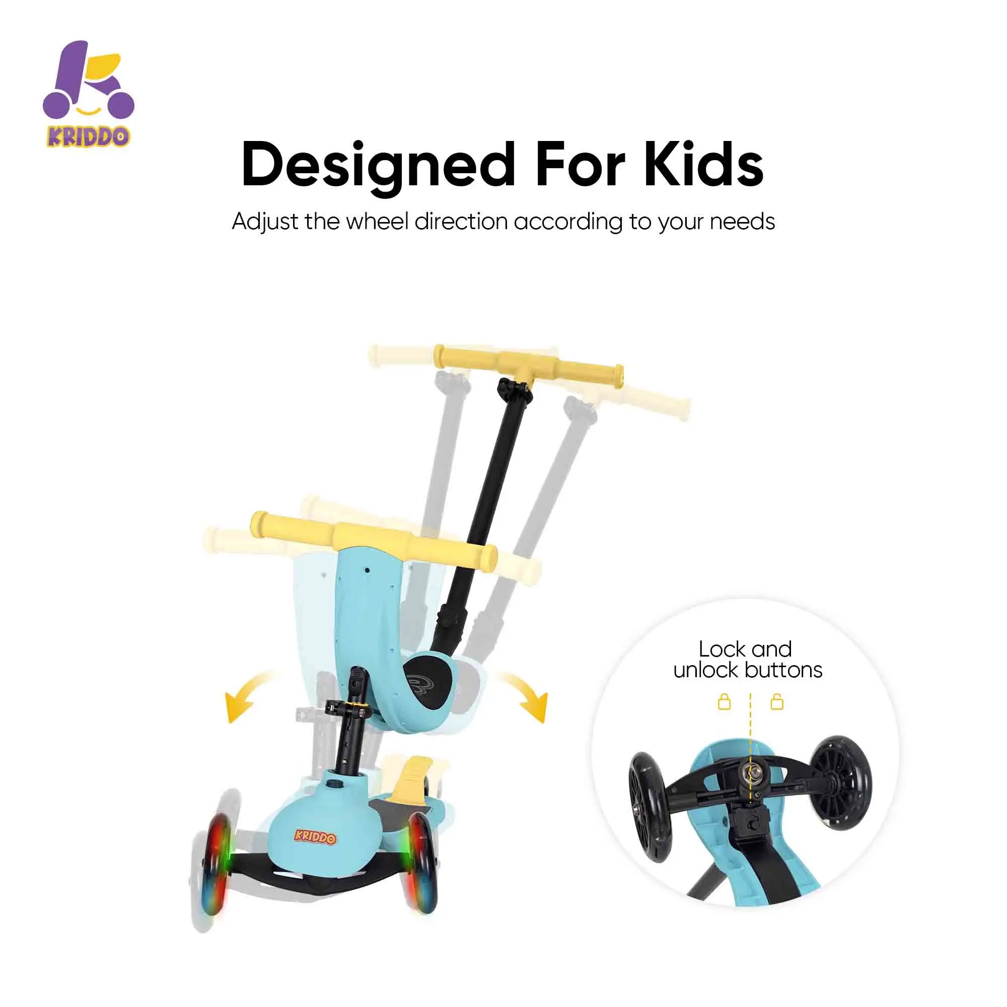 KRIDDO Kids Scooters with Removable Seat for 1.5 to 5 Years Old 5-in-1 Blue