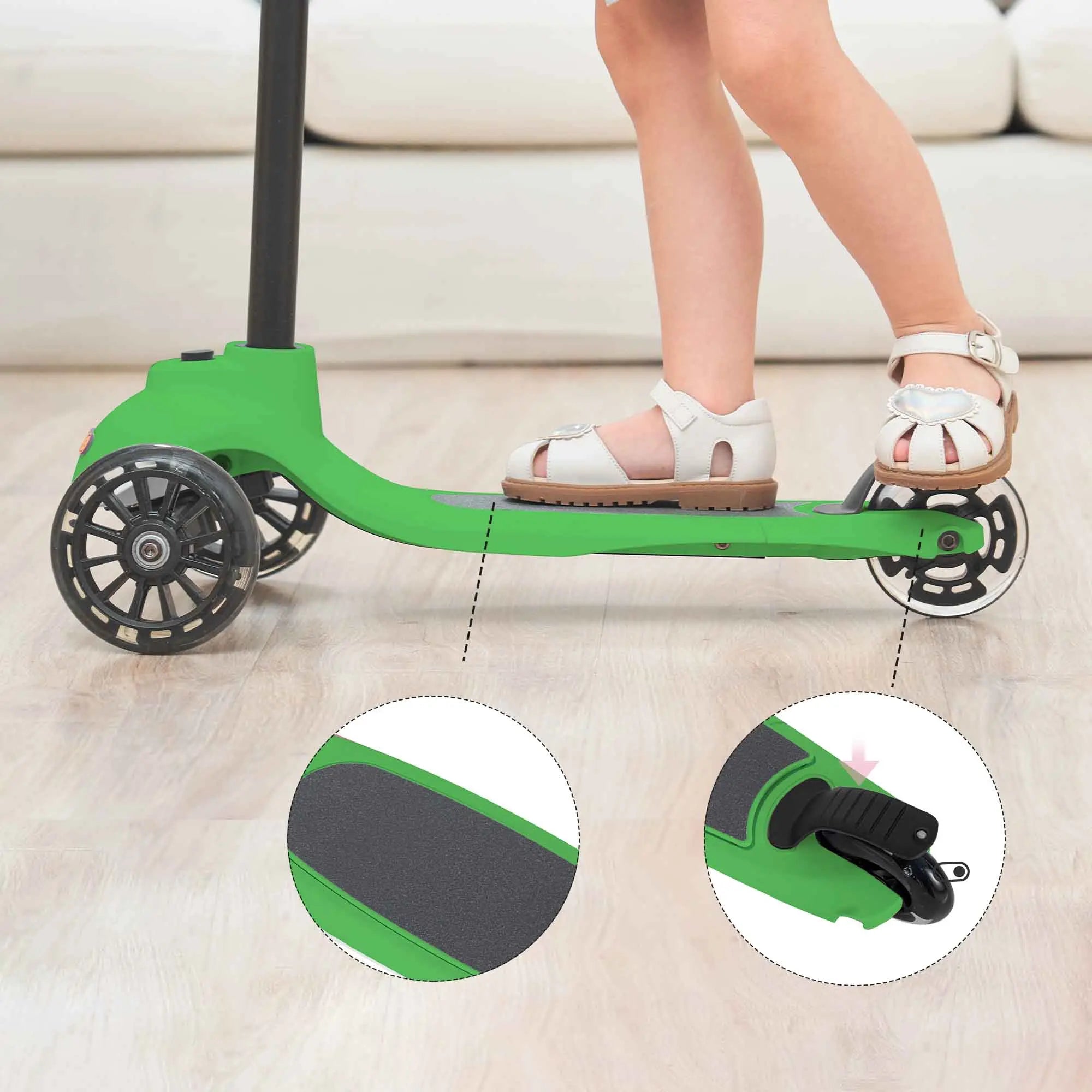 Child riding KRIDDO green scooter with close-up details