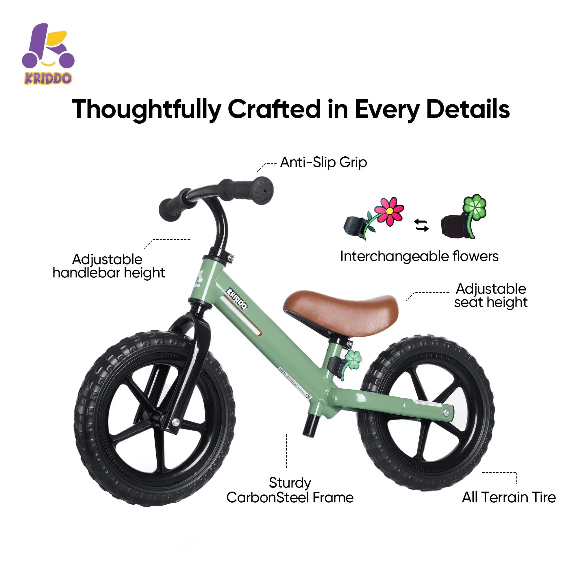 KRIDDO Toddler Balance Bike With Dual Bearing Wheels For 2 to 5 Years Old Green