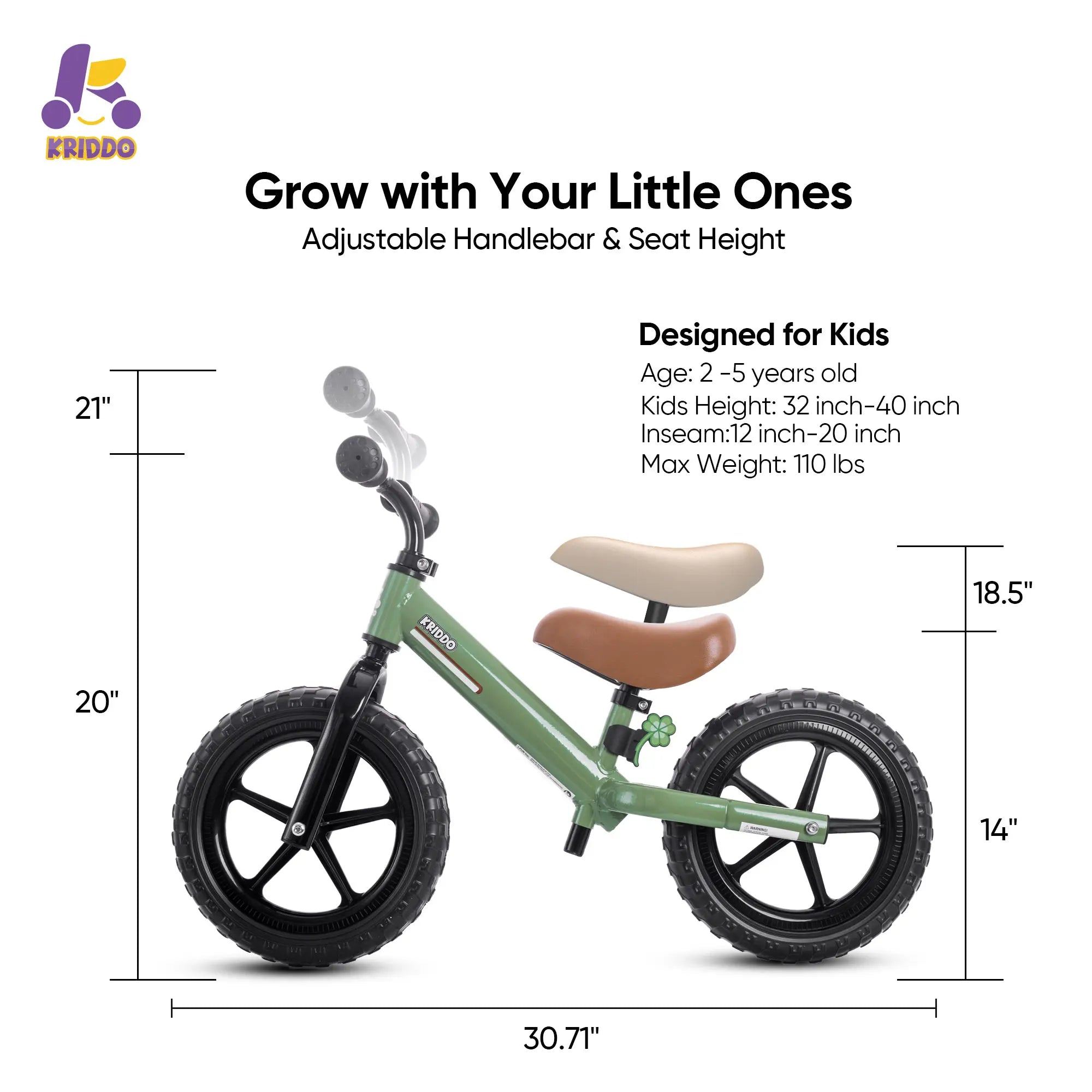 KRIDDO Toddler Balance Bike With Dual Bearing Wheels For 2 to 5 Years Old Green