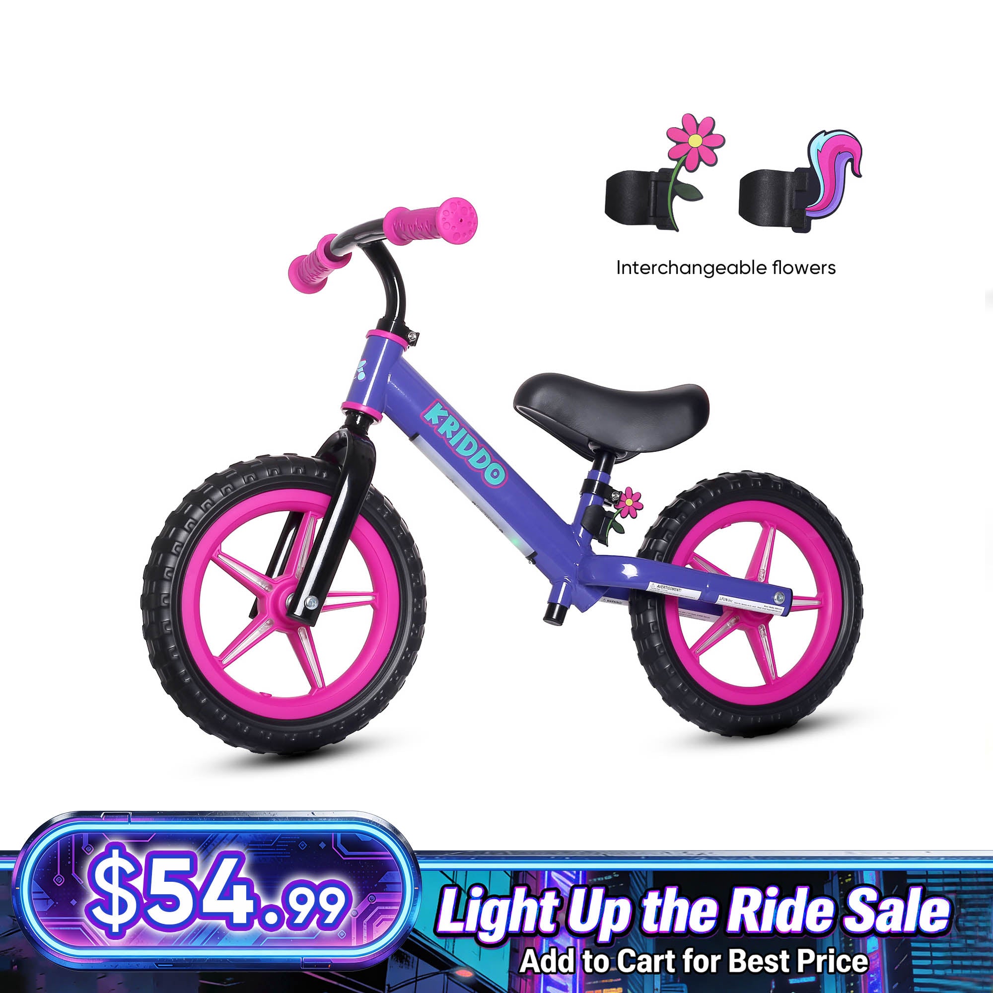 KRIDDO Toddler Light Up Balance Bike With Cute Accessories For 2-5 Years Old Purple