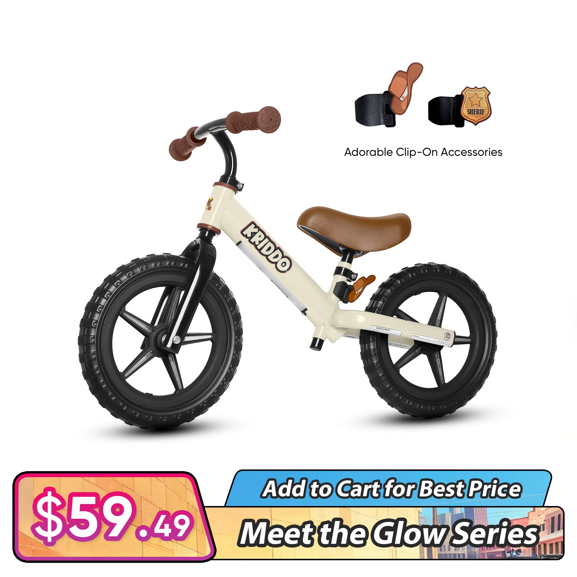 KRIDDO Toddler Light Up Balance Bike With Cute Accessories For 2-5 Years Old White