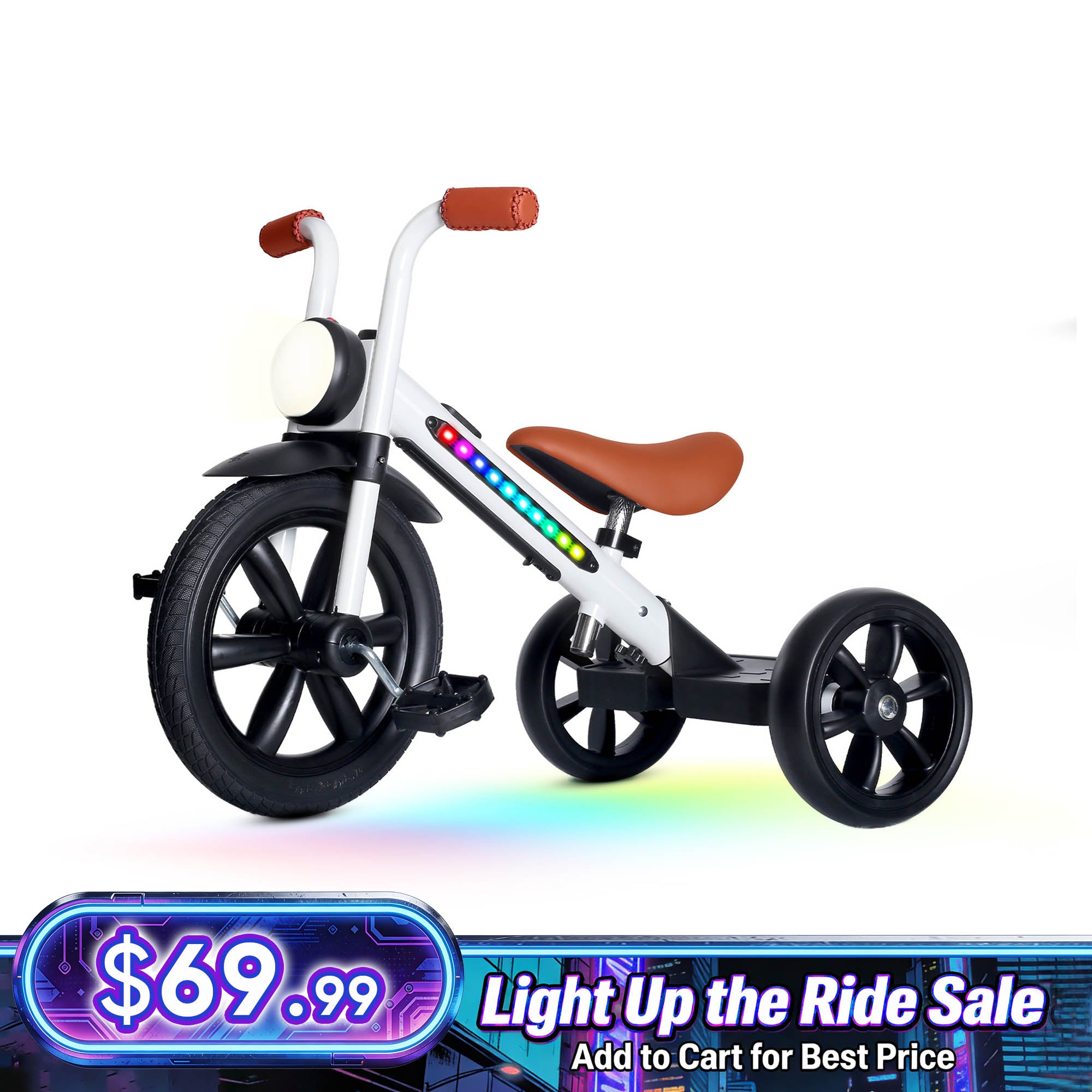 KRIDDO Kids Motorbike Style Light Up Tricycle with Front Light for 2 to 5 Years Old White
