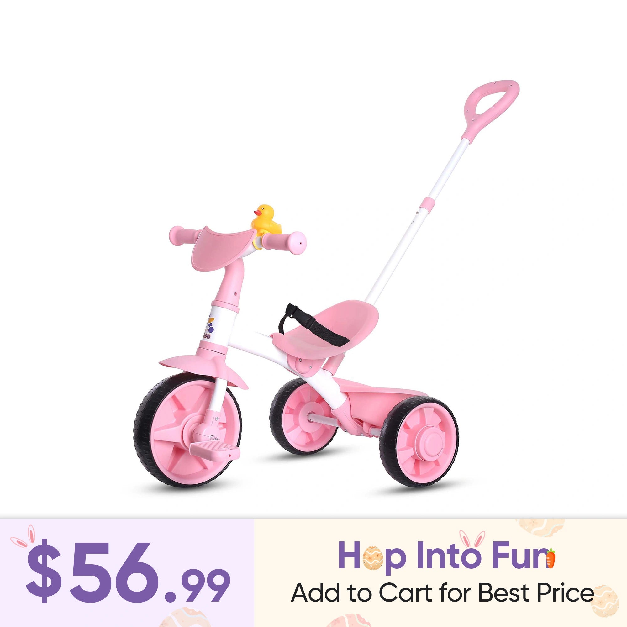 KRIDDO 2-in-1 Pink Toddler Trike with Parent Handle