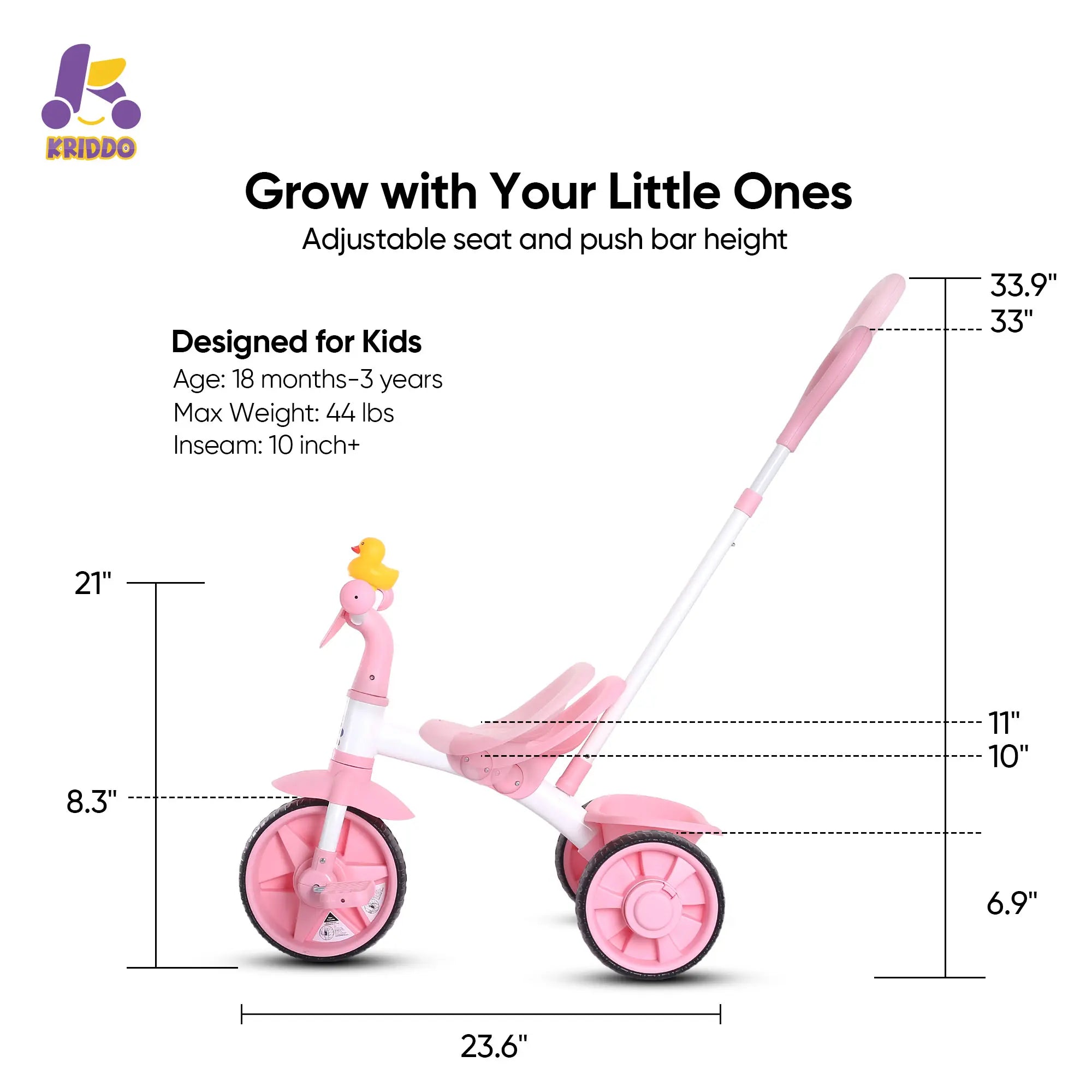 KRIDDO 2-in-1 Pink Toddler Trike with Parent Handle