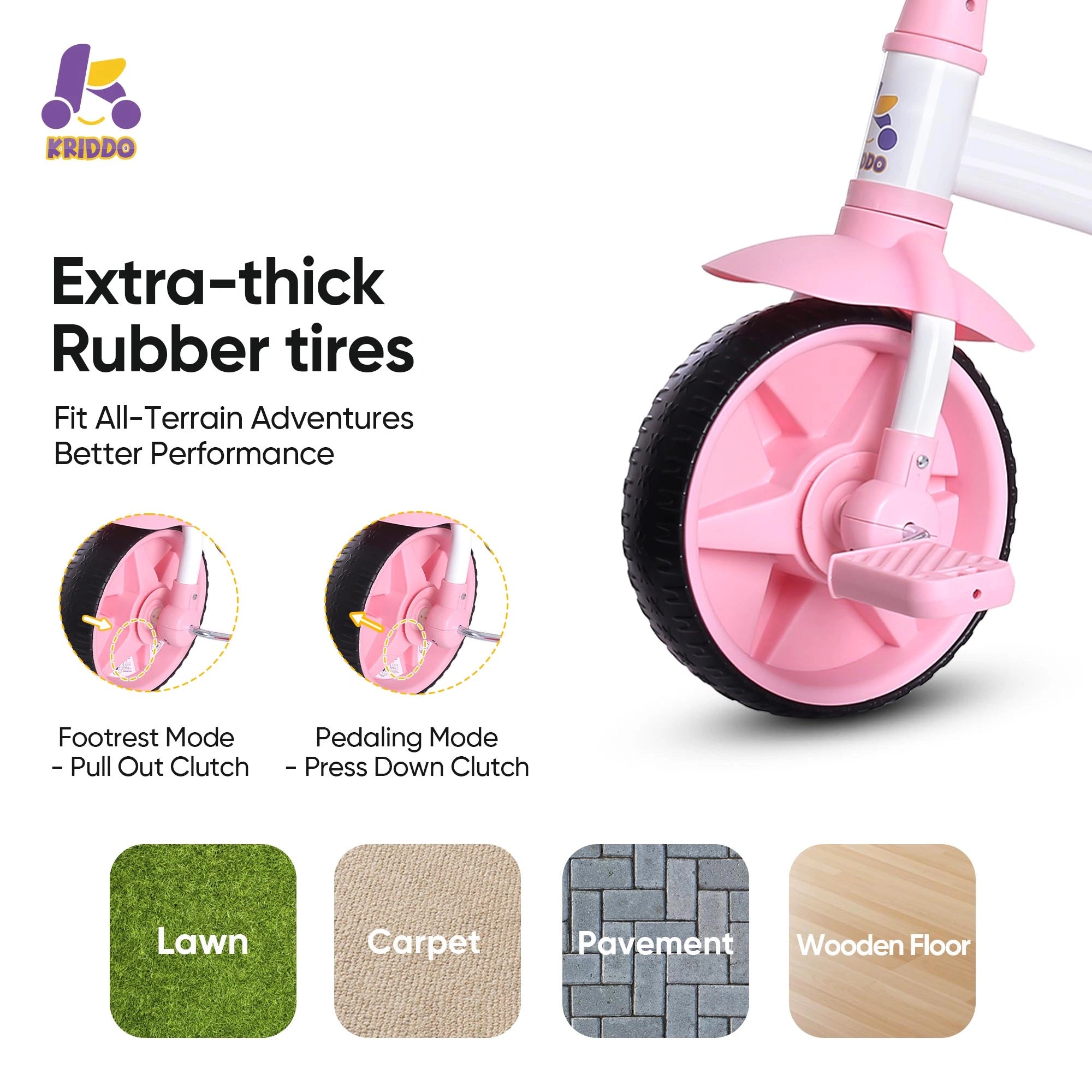 KRIDDO 2-in-1 Pink Toddler Trike with Parent Handle
