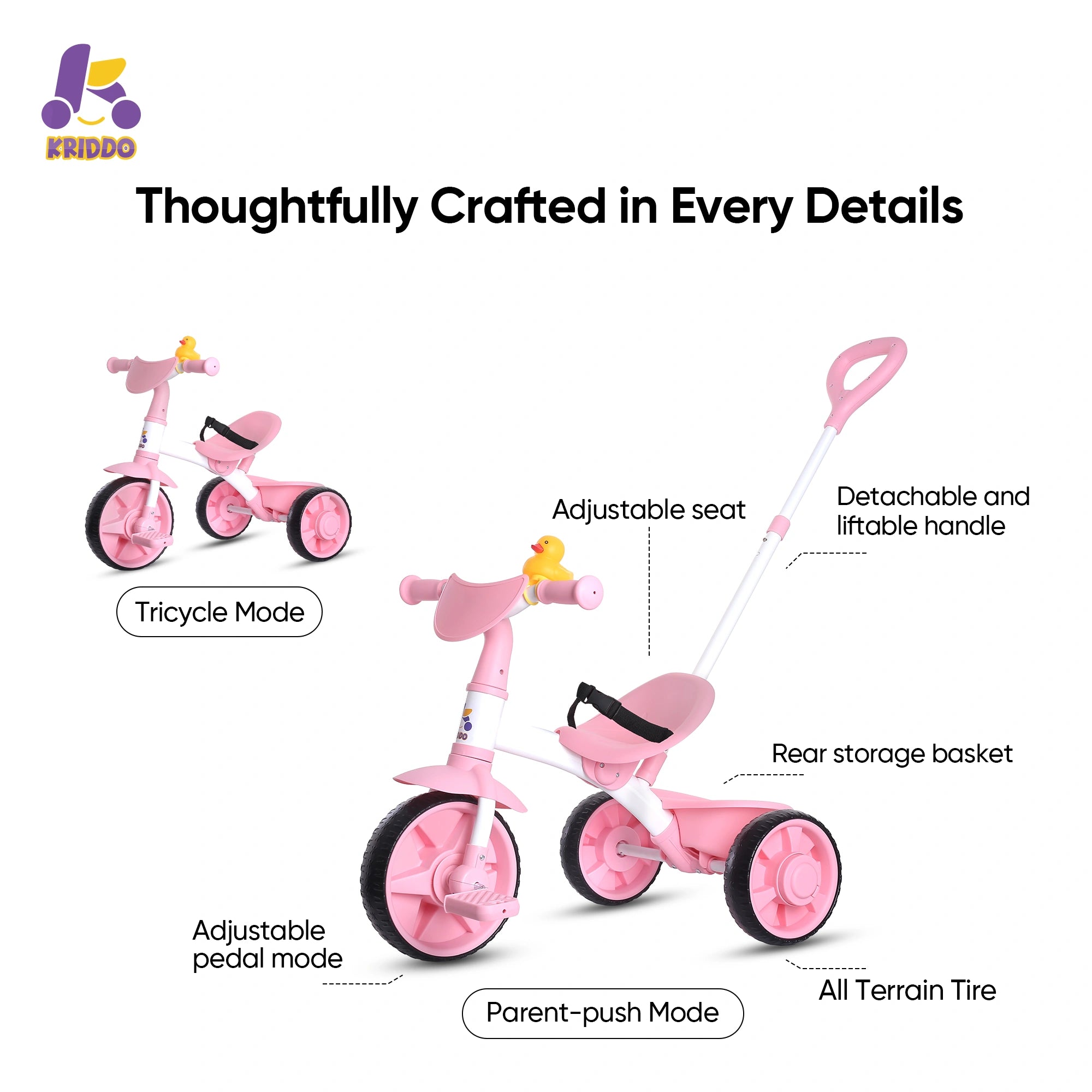 KRIDDO 2-in-1 Pink Toddler Trike with Parent Handle