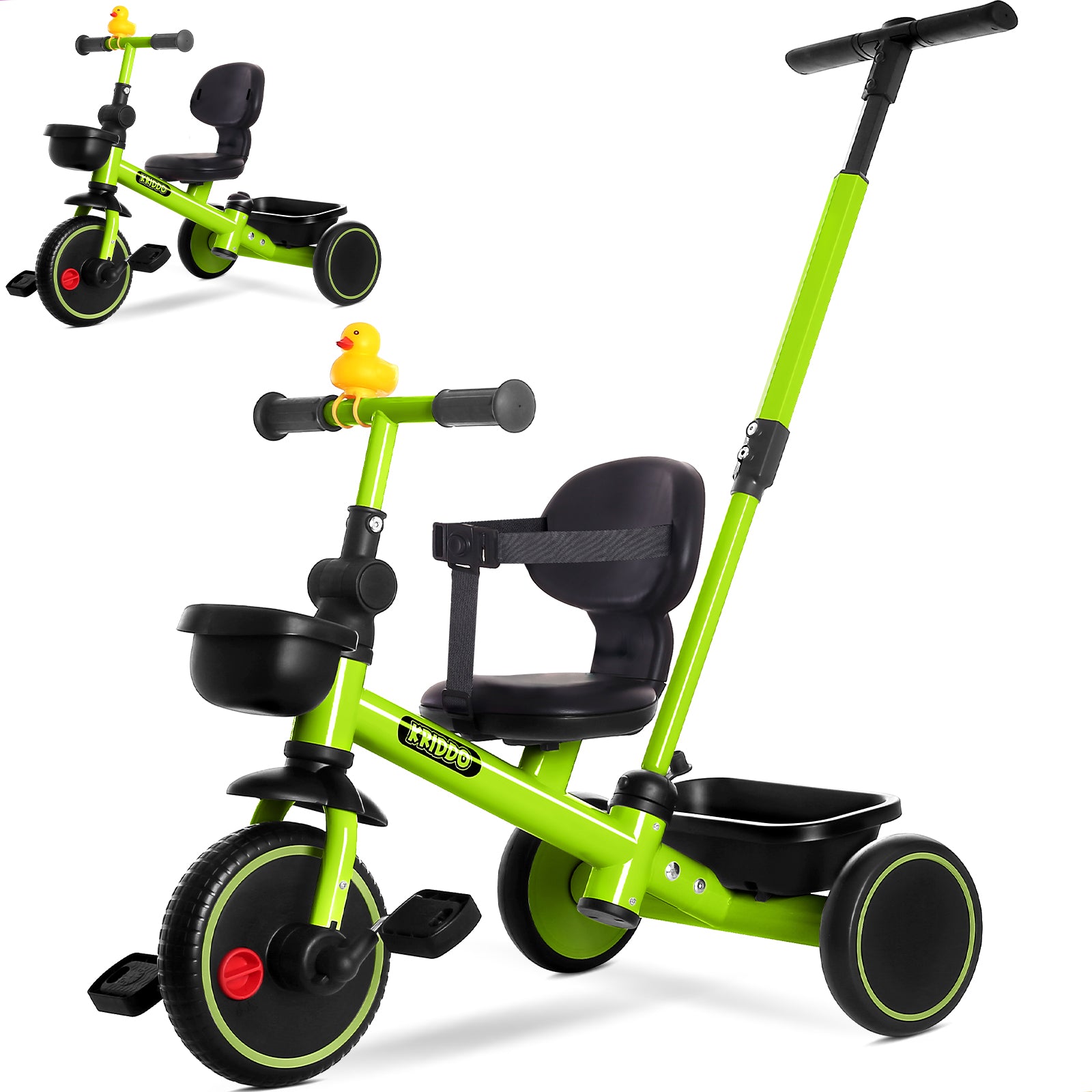 KRIDDO 2-in-1 Kids Tricycle with Steering Push Handle for Ages 18 Months to 5 Years Green