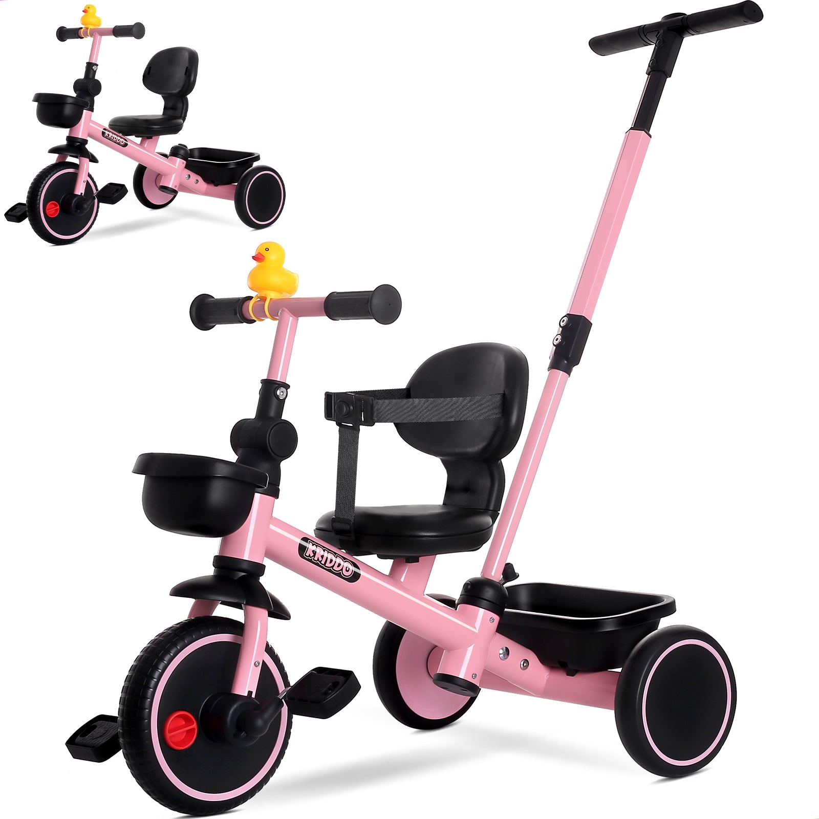 KRIDDO 2-in-1 Kids Tricycle with Steering Push Handle for Ages 18 Months to 5 Years Pink