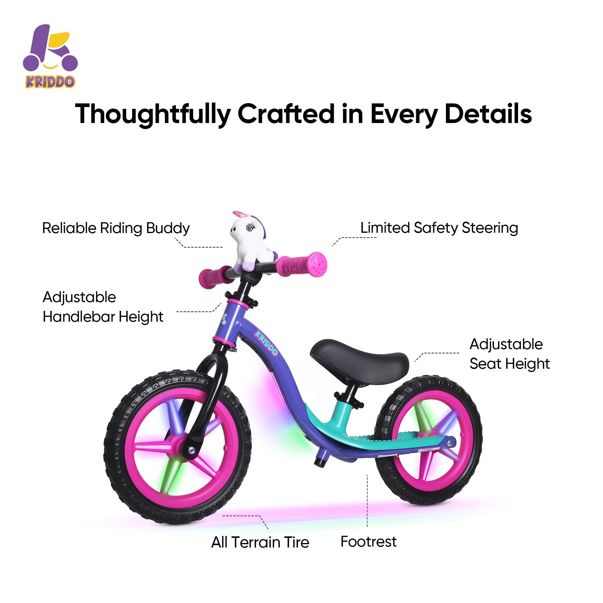 KRIDDO Glowing balance bike details