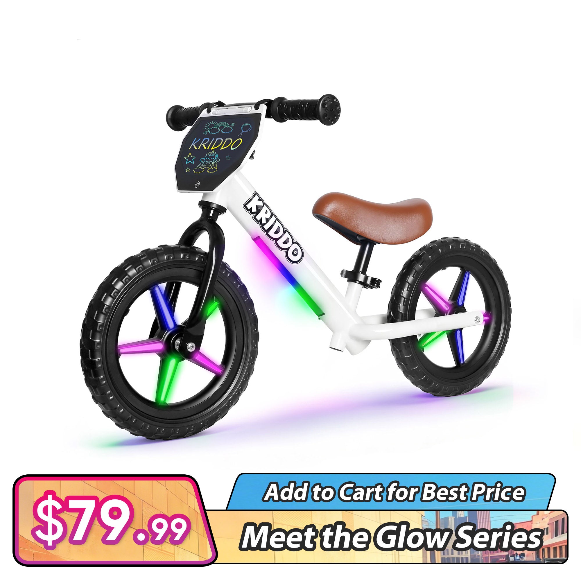 KRIDDO LED Kids Balance Bike with Light up Wheels and Electronic Plate White