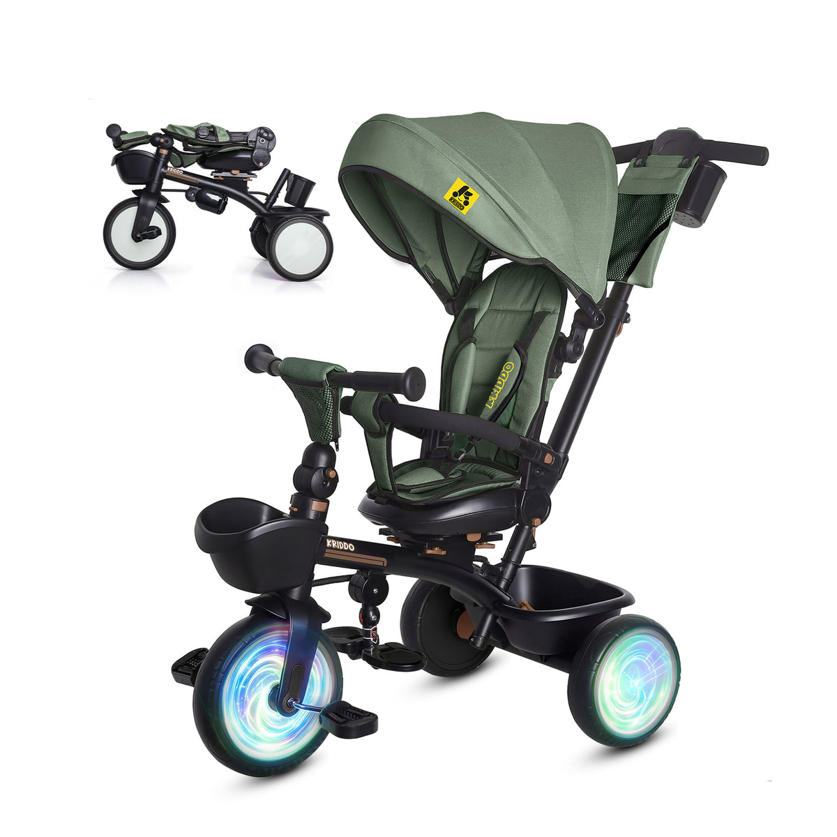 KRIDDO Kids Foldable Stroller Trike with Canopy for 18 Months-5 Years Old Green