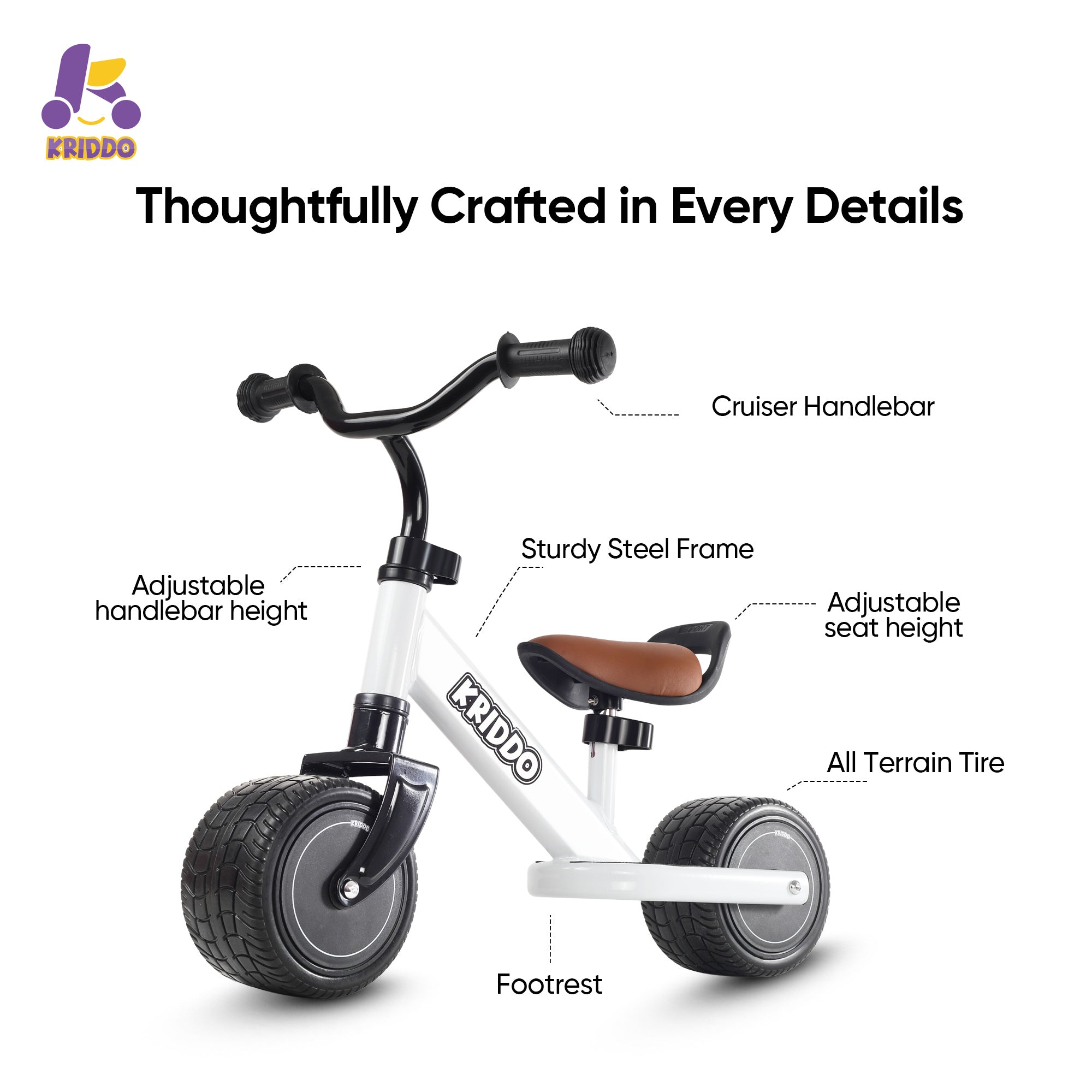 KRIDDO Baby Balance Bike with Adjustable Seat for 1 to 3 Years Old White