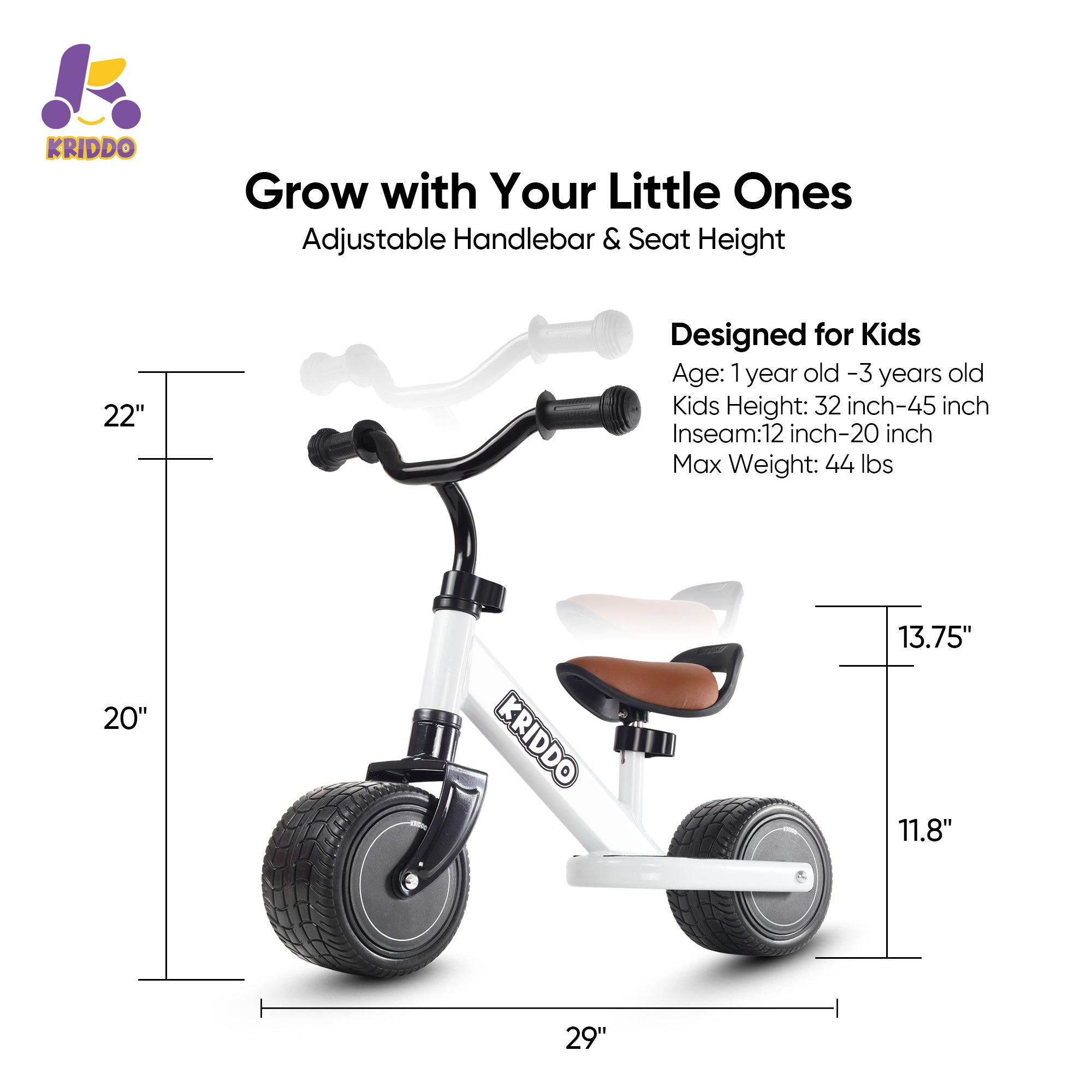 KRIDDO Baby Balance Bike with Adjustable Seat for 1 to 3 Years Old White