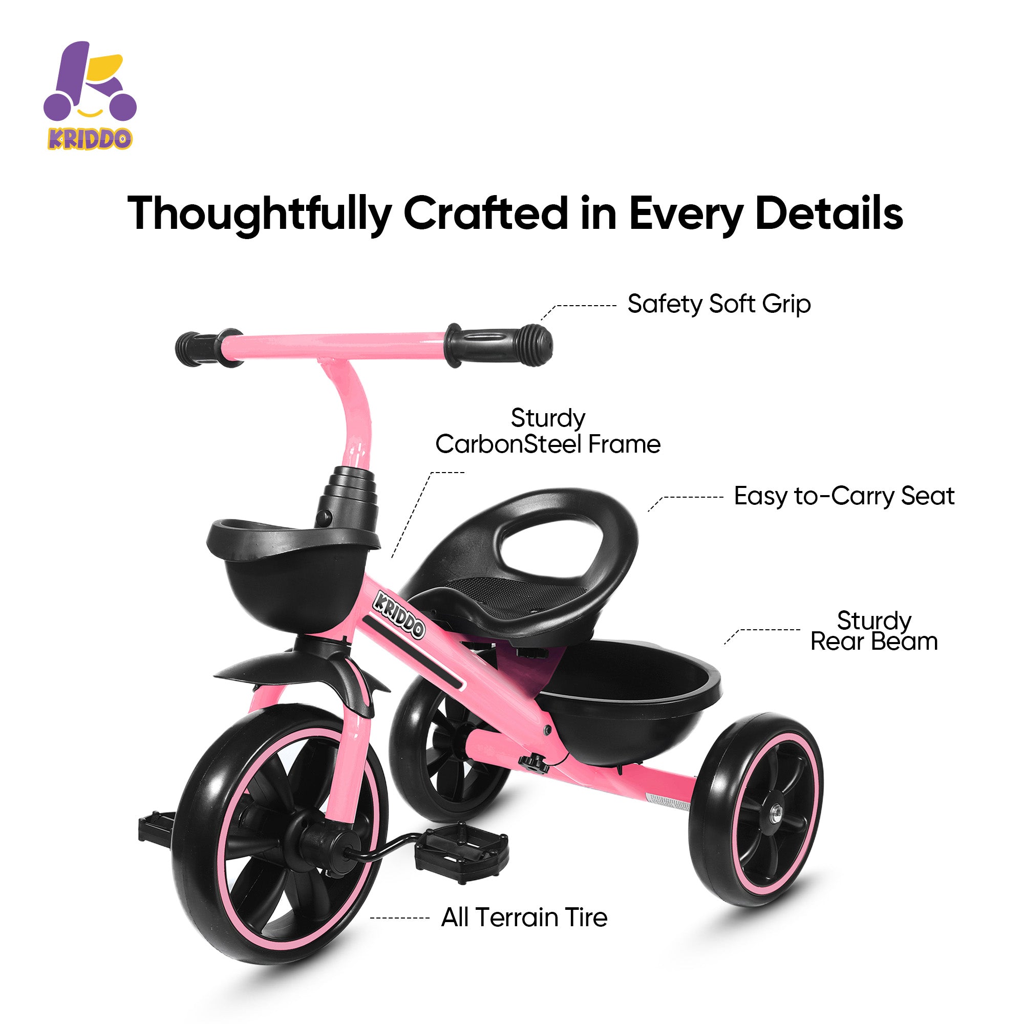 KRIDDO Kids Tricycle Easy-Assembly for 2 to 5 Years Old Pink