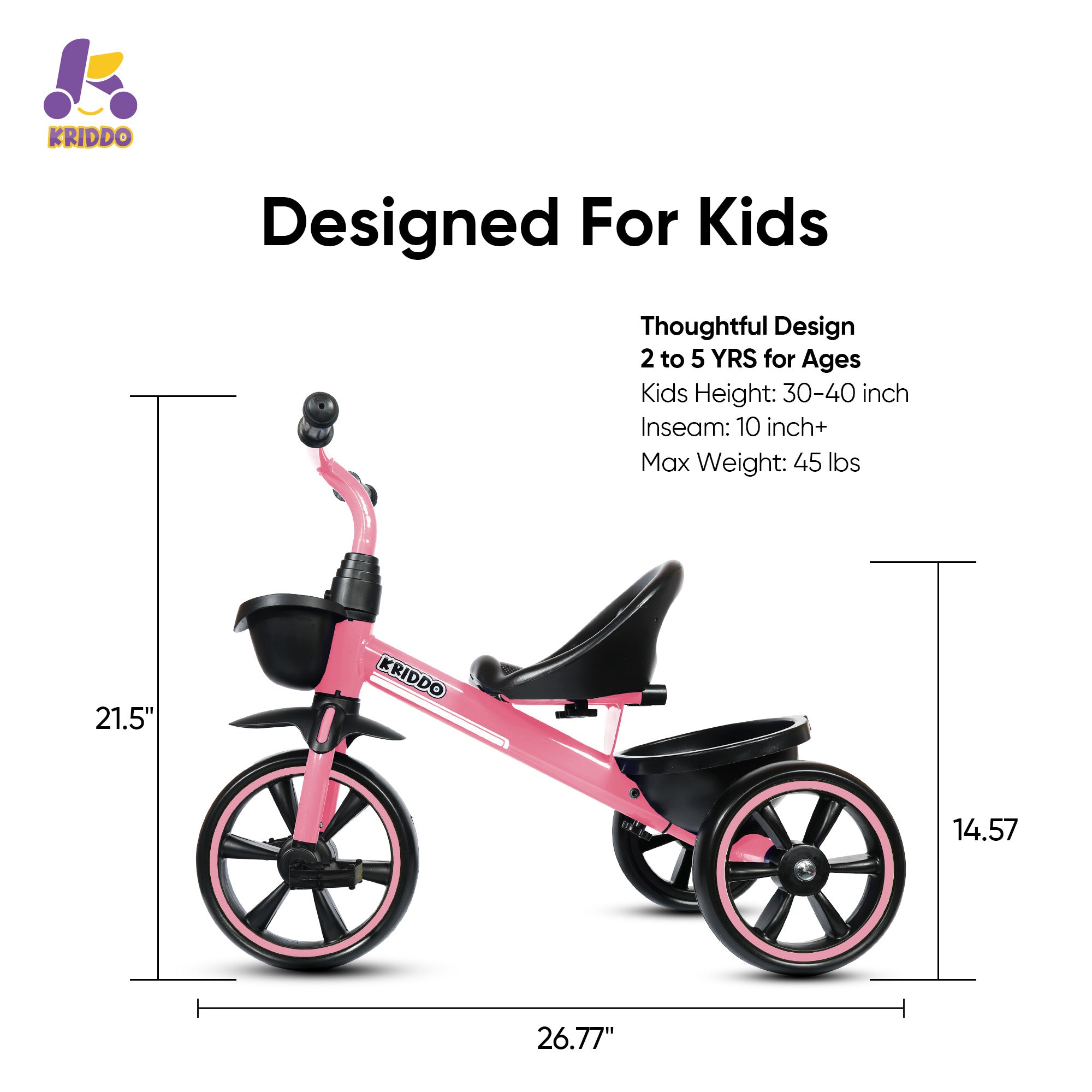 KRIDDO Kids Tricycle Easy-Assembly for 2 to 5 Years Old Pink
