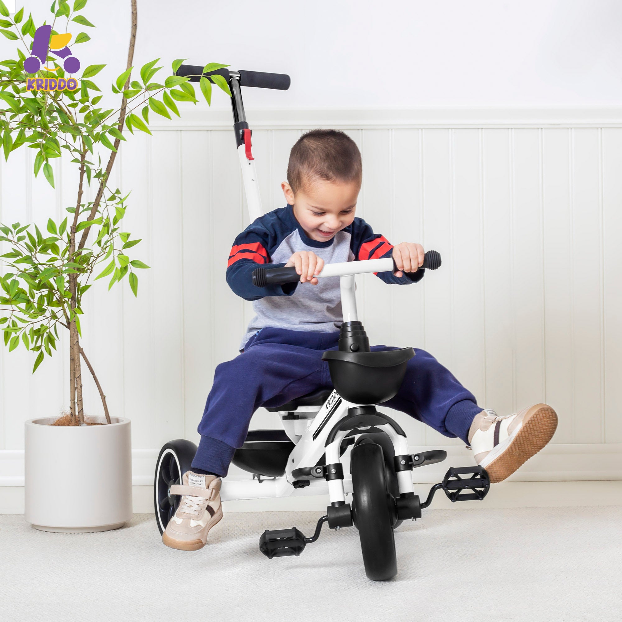KRIDDO Kids Tricycle with Adjustable Parent Handle for 2 to 5 Years Old White 2-in-1