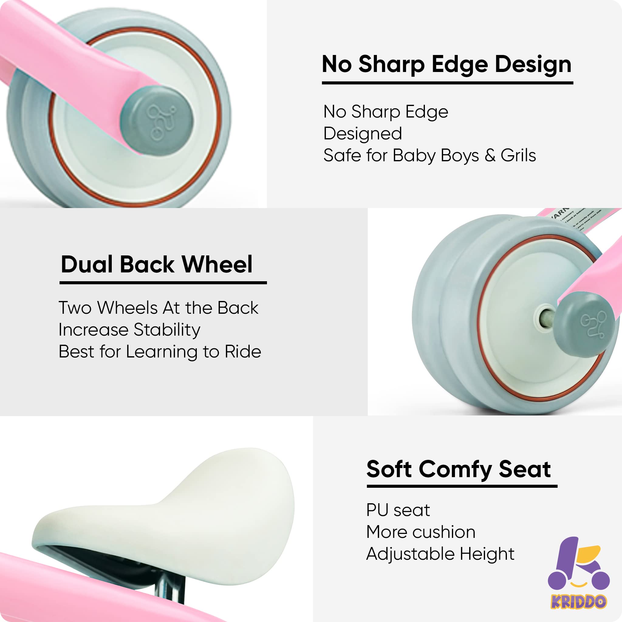 KRIDDO Baby Balance Bike for 1-2 Year Old Boy and Girl Gifts, Toddler Bike with Duck Bell for One Year Old First Birthday Gifts Baby Toys 12 Months to 3 Year Old, Pink