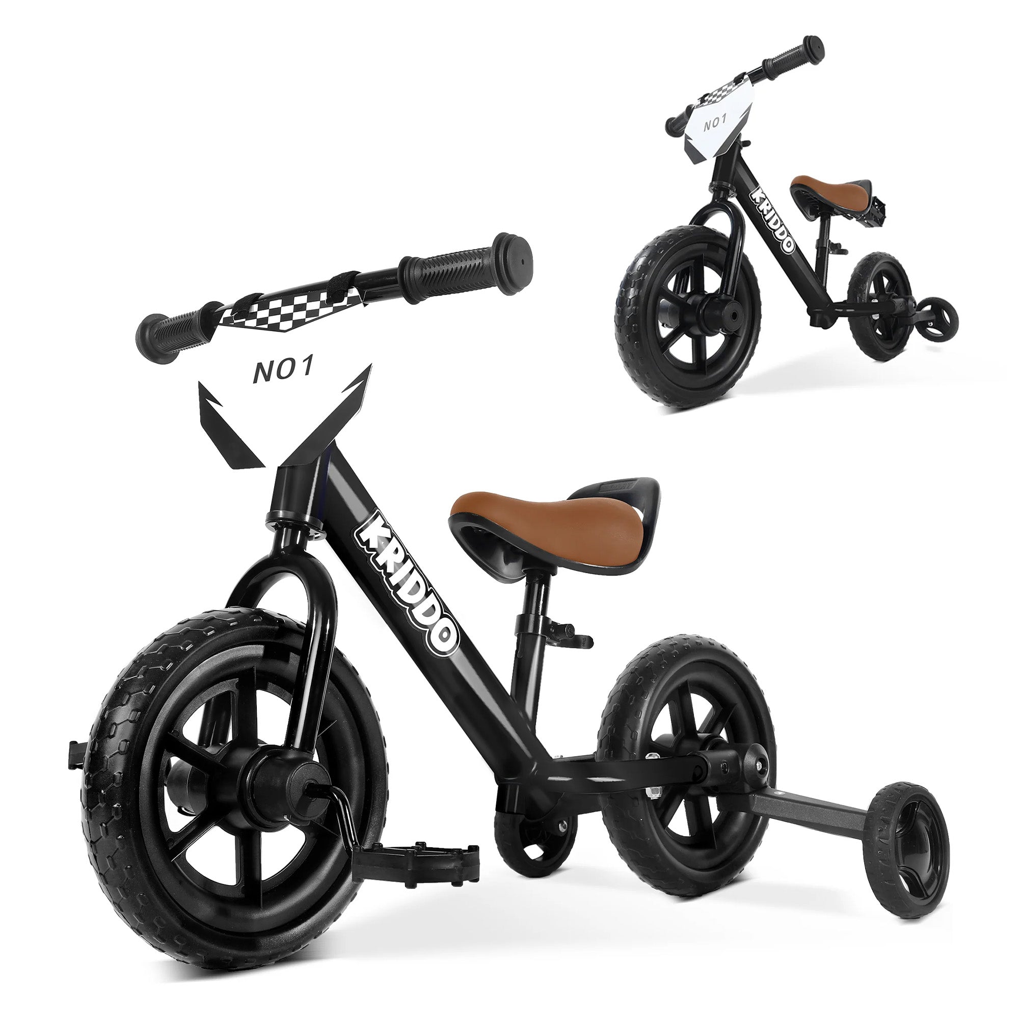 KRIDDO Convertible Balance Bike with Training Wheels for Ages 18 Months to 3 Years Black