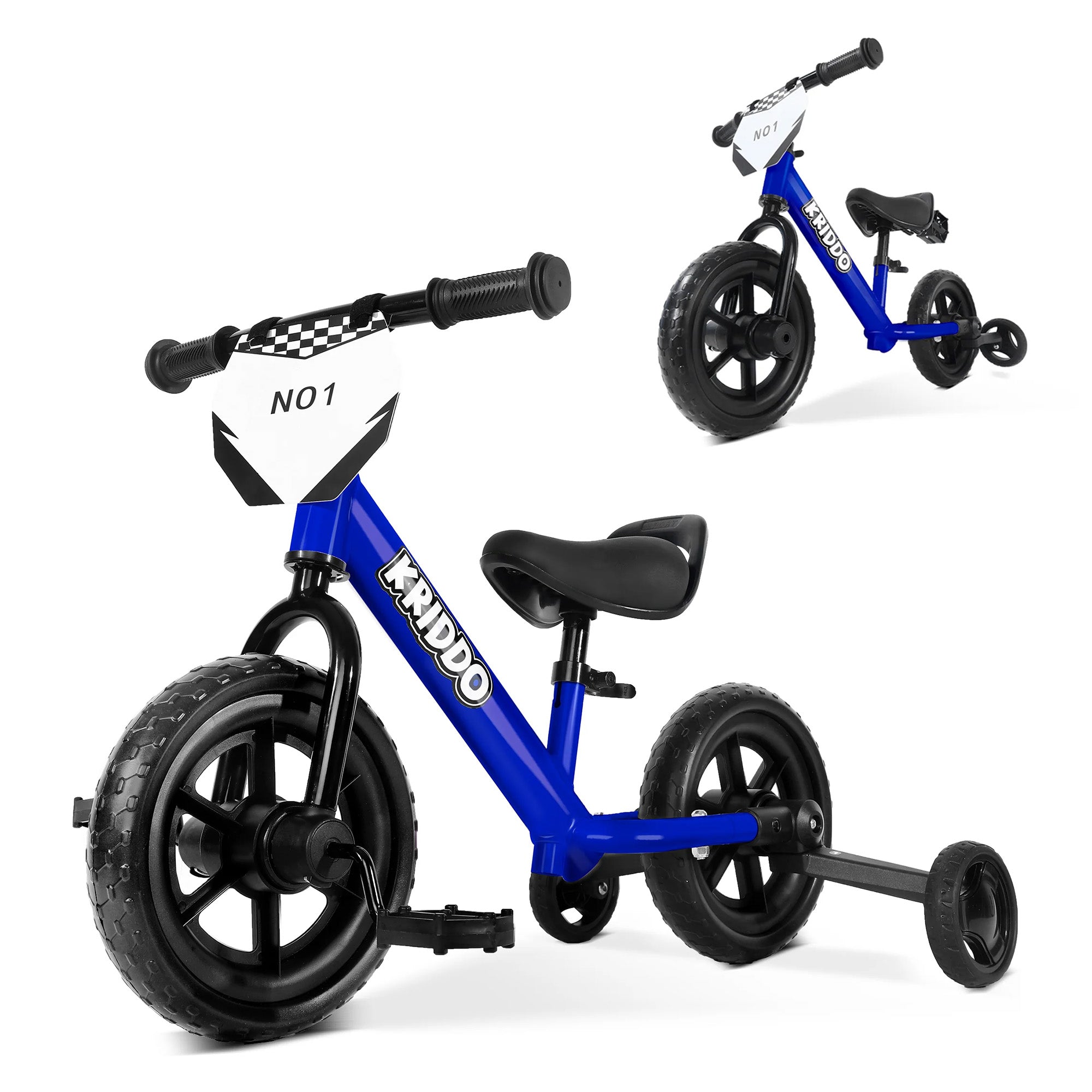 KRIDDO Convertible Balance Bike with Training Wheels for Ages 18 Months to 3 Years Blue
