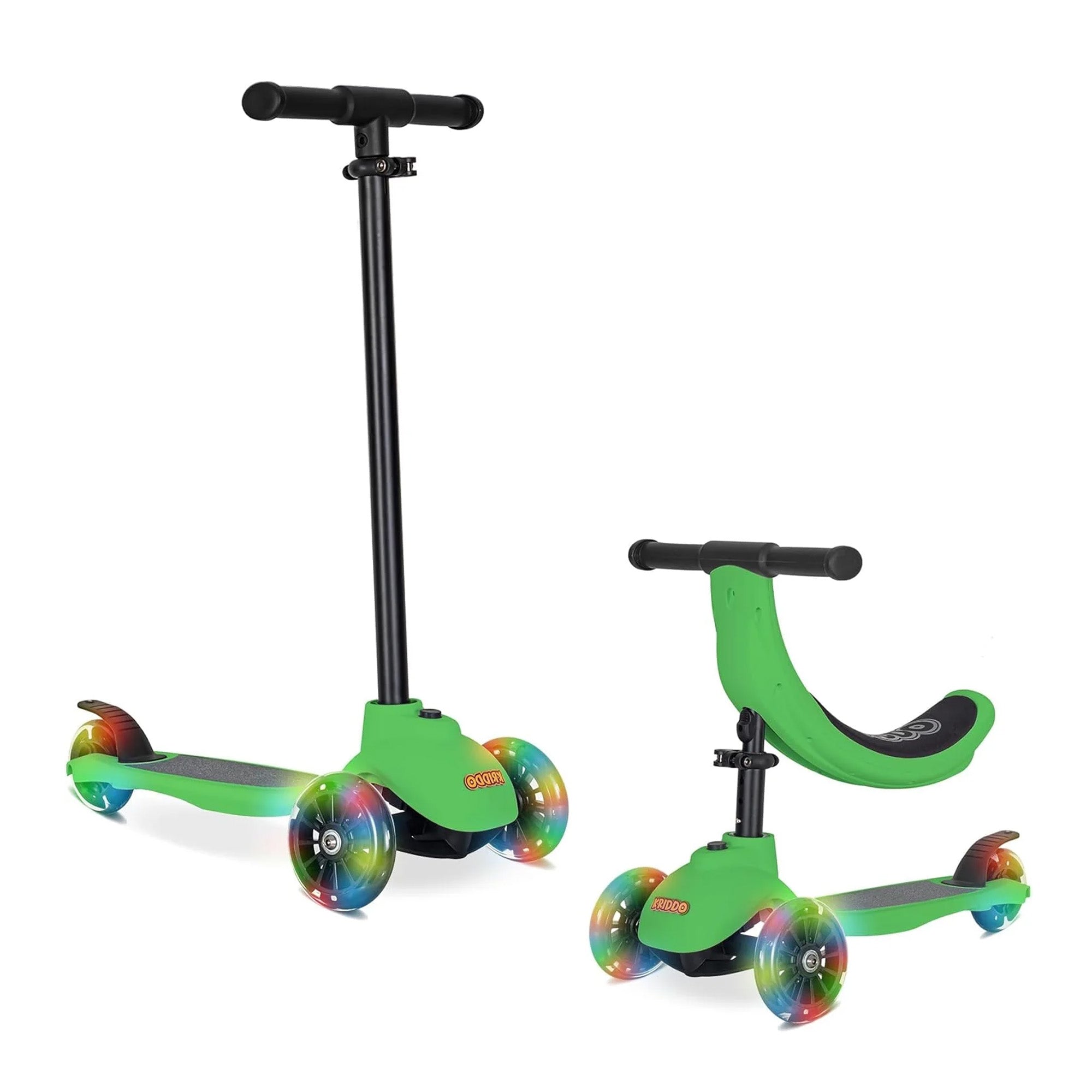 KRIDDO Kids Scooters with Removable Seat for 1.5 to 5 Years Old 5-in-1 Green